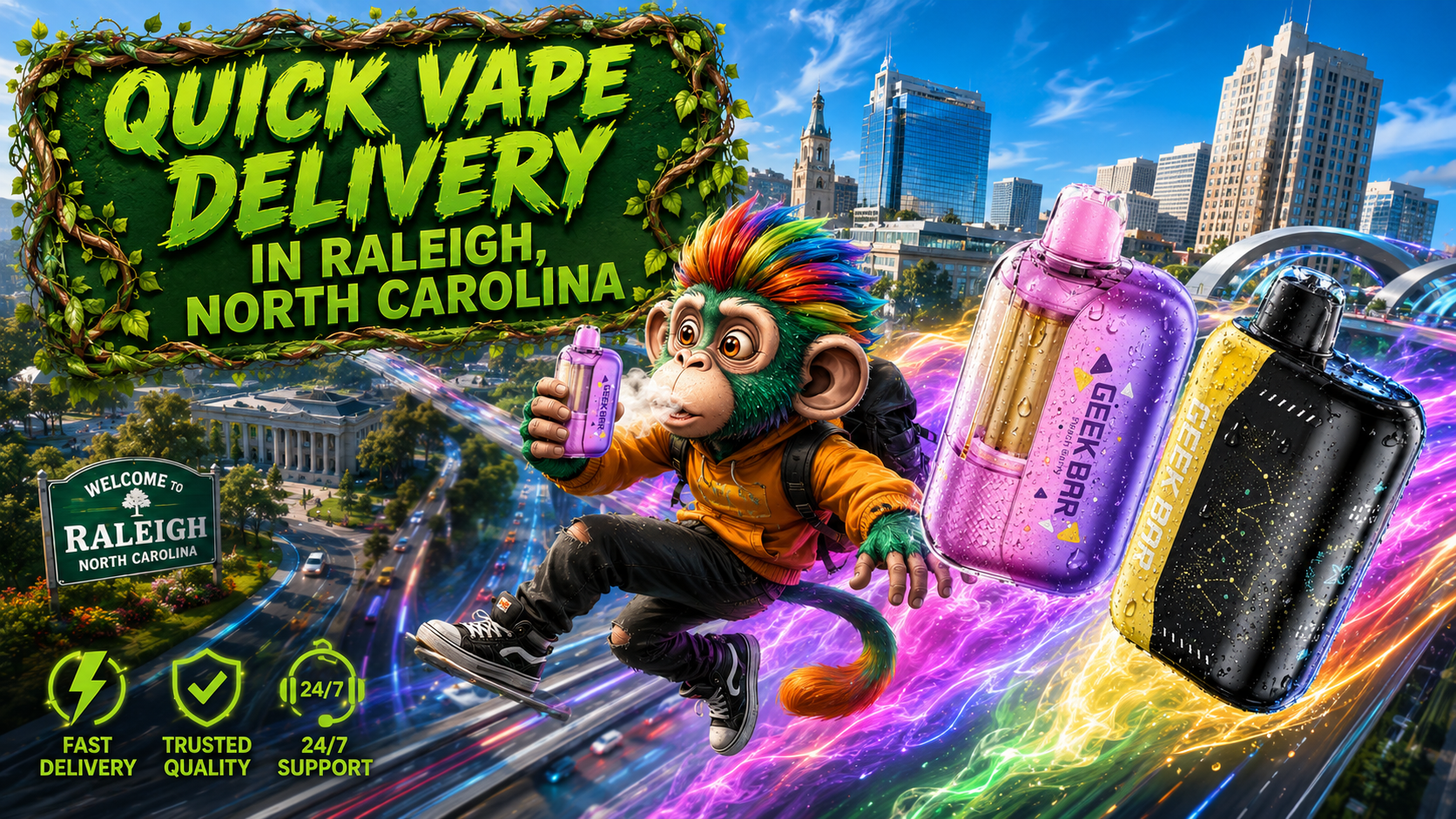 Quick Vape Delivery in Raleigh, North Carolina A colorful promotional banner for Vapor Puffs showcasing quick vape delivery in Raleigh, North Carolina. The artwork features a playful mascot riding through the city skyline while holding a purple Geek Bar disposable vape. Two vibrant Geek Bar disposable vapes covered in water droplets are highlighted with colorful energy trails, emphasizing speed and freshness. The design includes a bold green "Quick Vape Delivery in Raleigh, North Carolina" sign, iconic Raleigh landmarks, and service icons representing fast delivery, trusted quality, and 24/7 customer support, promoting a wide selection of authentic disposable vapes at affordable prices.