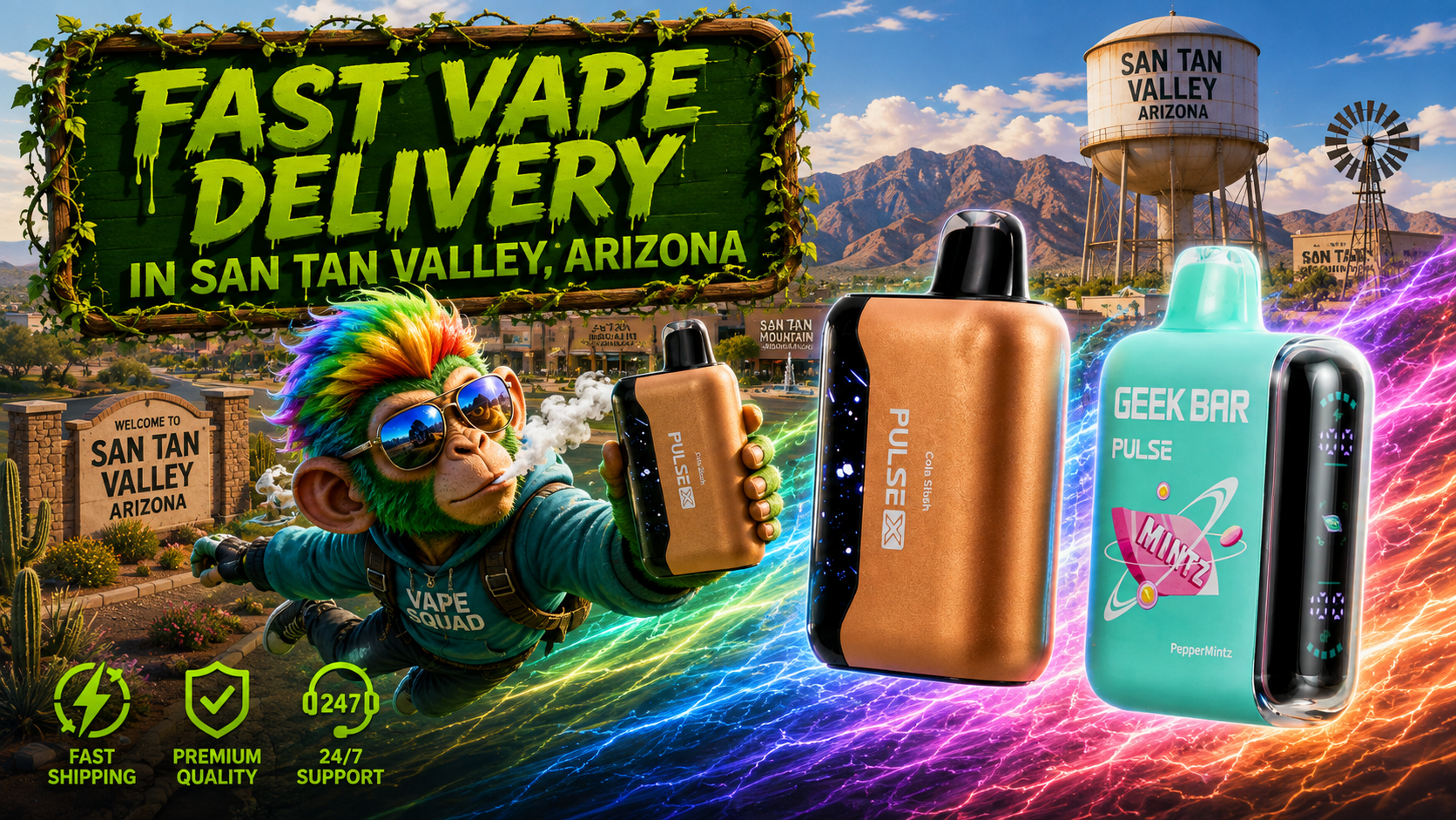 Premium Disposable Vapes in San Tan Valley, Arizona Disposable vape devices in a vibrant San Tan Valley, Arizona scene with colorful motion trails and local landmarks.