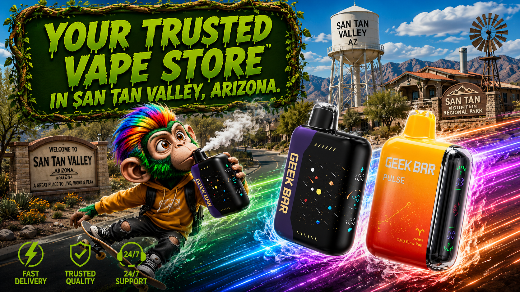 Disposable Vape Collection in San Tan Valley, Arizona Disposable vape devices in a vibrant San Tan Valley, Arizona scene with colorful motion trails and local landmarks.