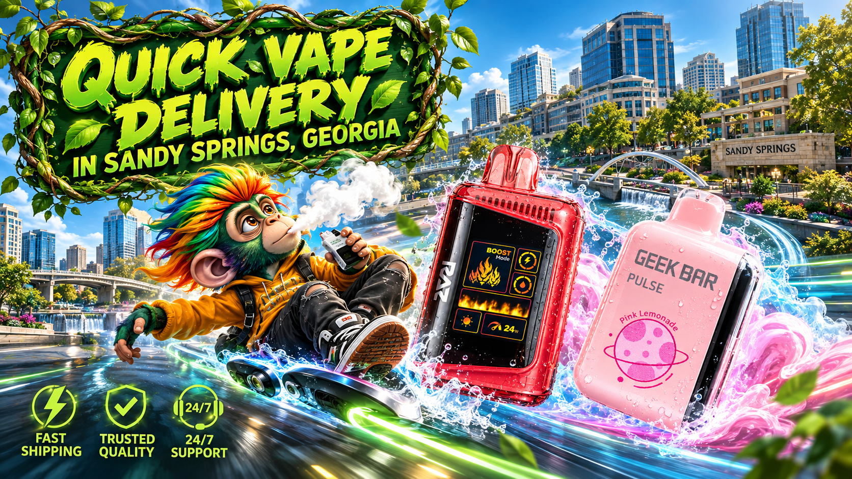 Quick Device Delivery in Sandy Springs, Georgia Water-splashed colorful devices race through a bright Sandy Springs cityscape with glowing energy trails.