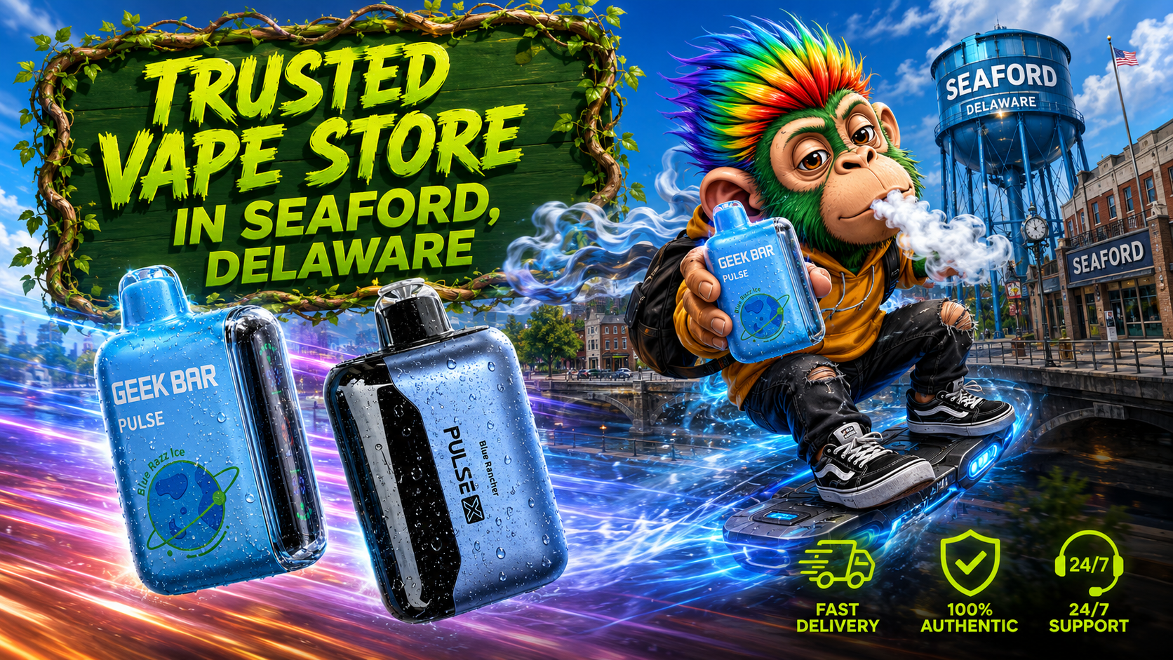 A vibrant promotional banner for Vapor Puffs featuring Geek Bar disposable vapes with water droplets, a colorful cartoon mascot riding a futuristic hoverboard, and the iconic Seaford, Delaware water tower in the background. The image highlights trusted vape delivery in Seaford, DE with fast shipping, authentic products, 24/7 customer support, and a modern cityscape enhanced by dynamic energy trails.