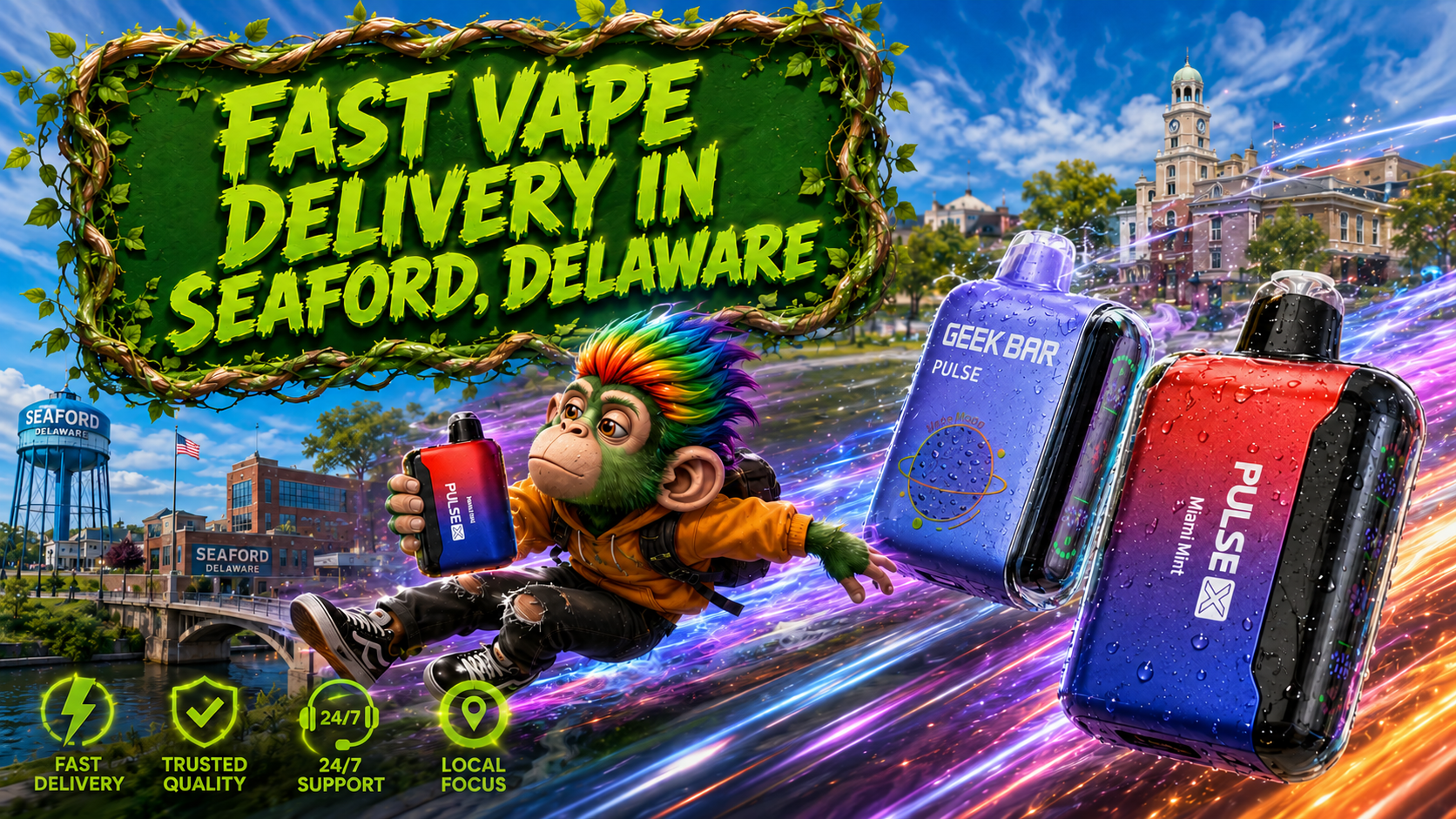 A colorful promotional banner showcasing fast vape delivery in Seaford, Delaware, featuring premium Geek Bar Pulse and Pulse X disposable vapes with realistic water droplets and a playful mascot racing through the city on vibrant energy trails. The background highlights recognizable Seaford landmarks, including the famous water tower and historic downtown architecture, emphasizing fast shipping, trusted quality, local service, and 24/7 customer support from Vapor Puffs.
