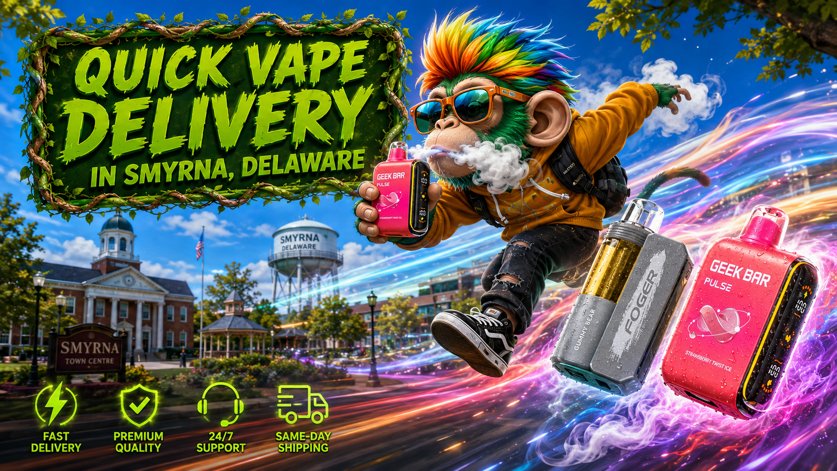 A vibrant promotional banner for Vapor Puffs featuring quick vape delivery in Smyrna, Delaware. The image showcases colorful Geek Bar and Foger disposable vapes with water droplets, a dynamic flying mascot holding a vape device, iconic Smyrna landmarks in the background, and glowing service icons highlighting fast delivery, premium quality, 24/7 support, and same-day shipping. The futuristic energy trails emphasize speed, convenience, and reliable online vape delivery.