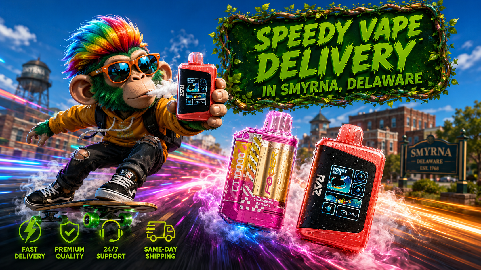 A colorful promotional banner for Vapor Puffs featuring speedy vape delivery in Smyrna, Delaware. A vibrant skateboard-riding mascot holds a disposable vape while premium ZVI and Foger vape devices with water droplets are surrounded by glowing energy trails and vapor effects. The background showcases recognizable Smyrna landmarks and service icons representing fast delivery, premium quality, 24/7 support, and same-day shipping, emphasizing a reliable online vape shop with quick shipping and a wide selection of disposable vapes.