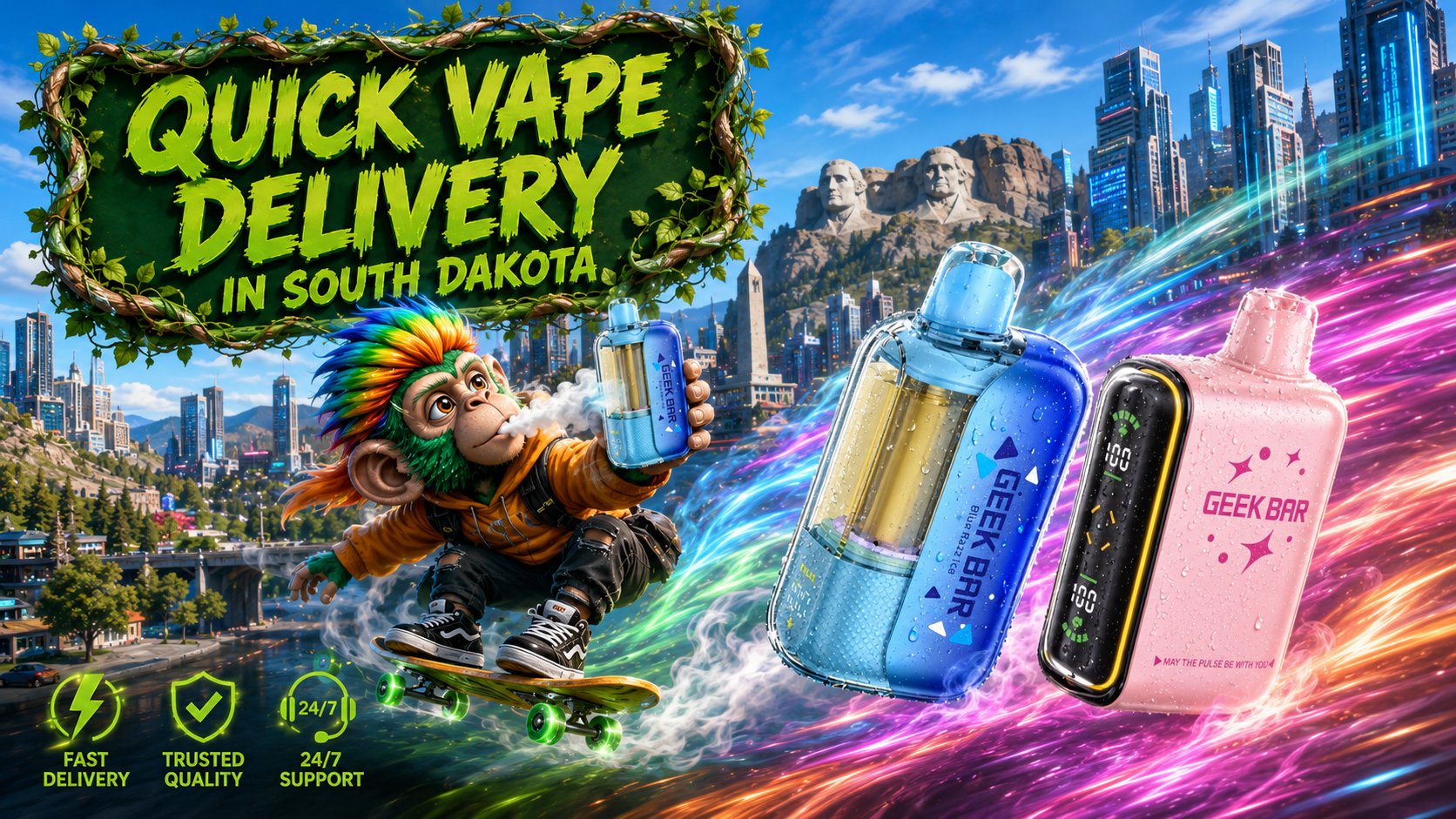 Quick Vape Delivery in South Dakota A colorful promotional banner for quick vape delivery in South Dakota, featuring Geek Bar disposable vapes with water droplets flying through a futuristic city. The design includes Mount Rushmore, a cartoon monkey riding a skateboard while holding a vape, vivid energy trails, and service icons for fast delivery, trusted quality, and 24/7 support.