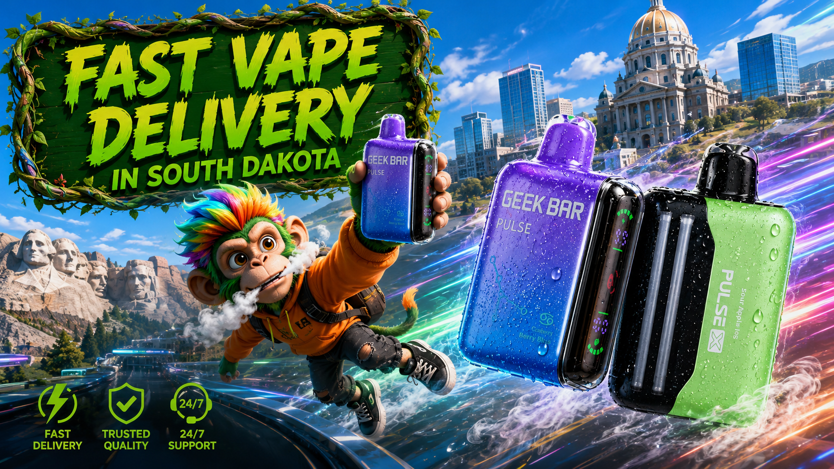 Fast Vape Delivery in South Dakota A vibrant promotional banner for fast vape delivery in South Dakota featuring Geek Bar Pulse disposable vapes with sparkling water droplets racing through a futuristic city. The artwork includes Mount Rushmore, the South Dakota State Capitol, a colorful cartoon monkey holding a vape, dynamic neon energy trails, and service icons highlighting fast delivery, trusted quality, and 24/7 customer support.