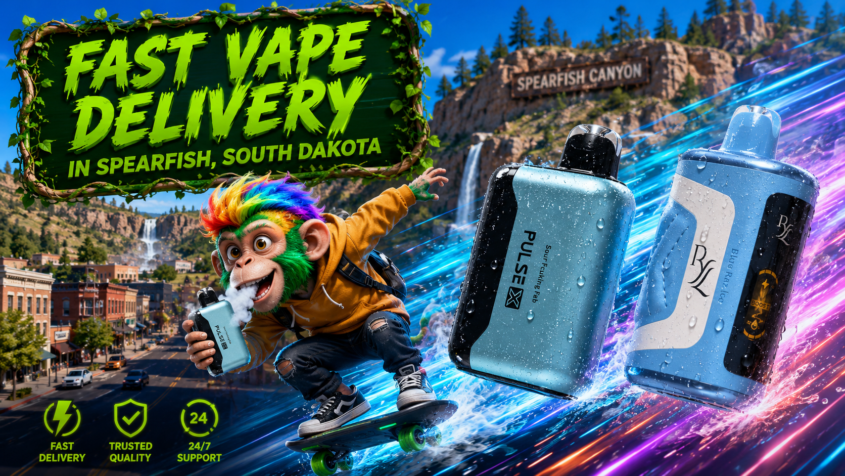 Fast Vape Delivery in Spearfish, South Dakota | Premium Disposable Vapes A dynamic promotional banner featuring fast vape delivery in Spearfish, South Dakota, with premium disposable vapes speeding through a vibrant futuristic cityscape inspired by Spearfish Canyon. A colorful mascot rides a hoverboard while holding a vape, surrounded by glowing energy trails, water droplets, and service icons representing fast delivery, trusted quality, and 24/7 customer support.