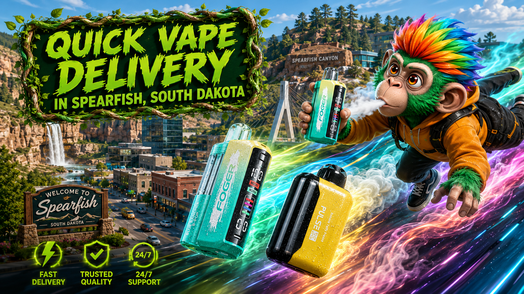 Quick Vape Delivery in Spearfish, South Dakota | Fast Disposable Vape Shipping A vibrant promotional banner showcasing fast vape delivery in Spearfish, South Dakota. The image features premium disposable vapes racing through a colorful futuristic skyline inspired by Spearfish Canyon, accompanied by a playful flying mascot, glowing energy trails, and service icons highlighting fast delivery, trusted quality, and 24/7 support.