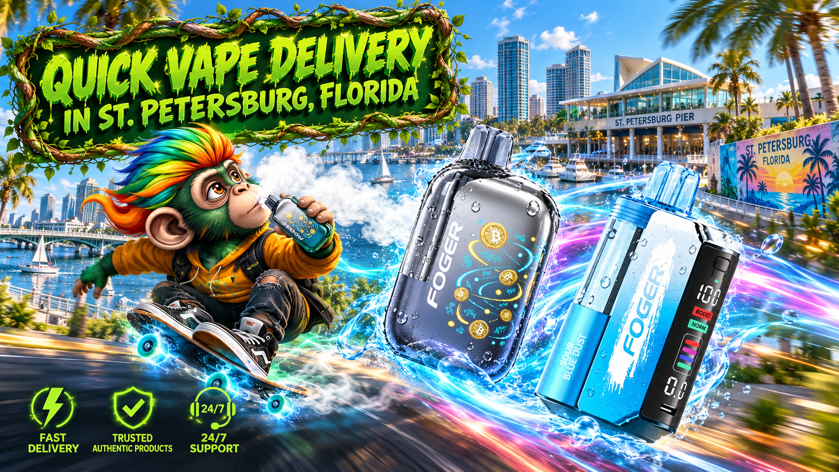 Disposable vape devices with water splashes and colorful energy trails across a sunny St. Petersburg waterfront.