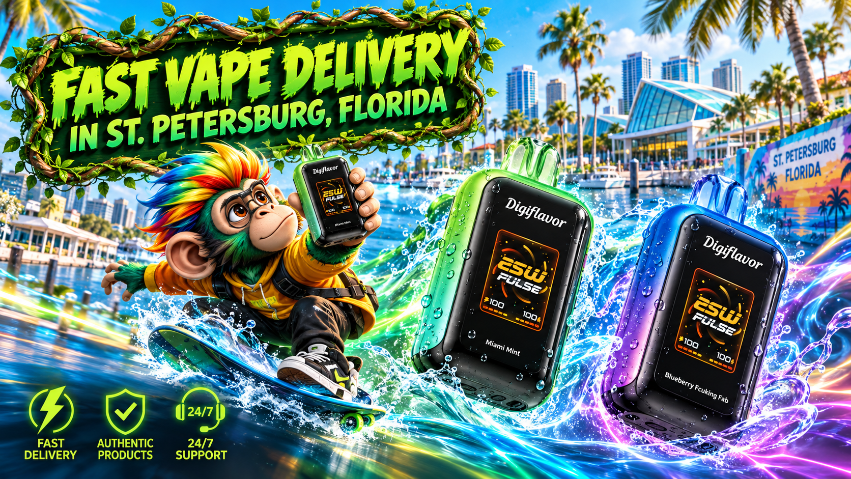 Disposable vape devices with colorful water splashes against a sunny St. Petersburg, Florida city backdrop.
