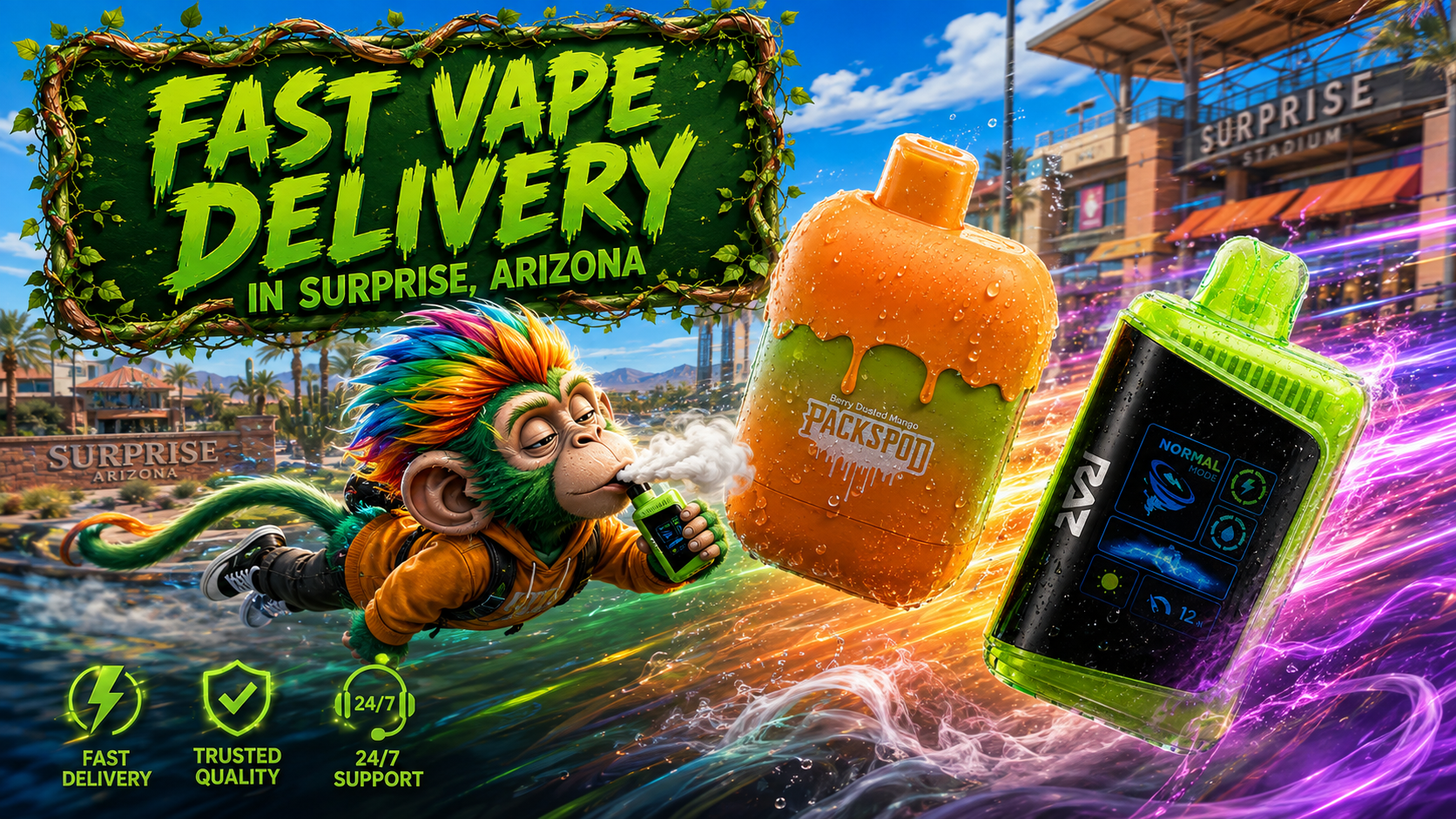 Modern disposable vape devices with a fast delivery theme and a colorful Surprise, Arizona city backdrop.