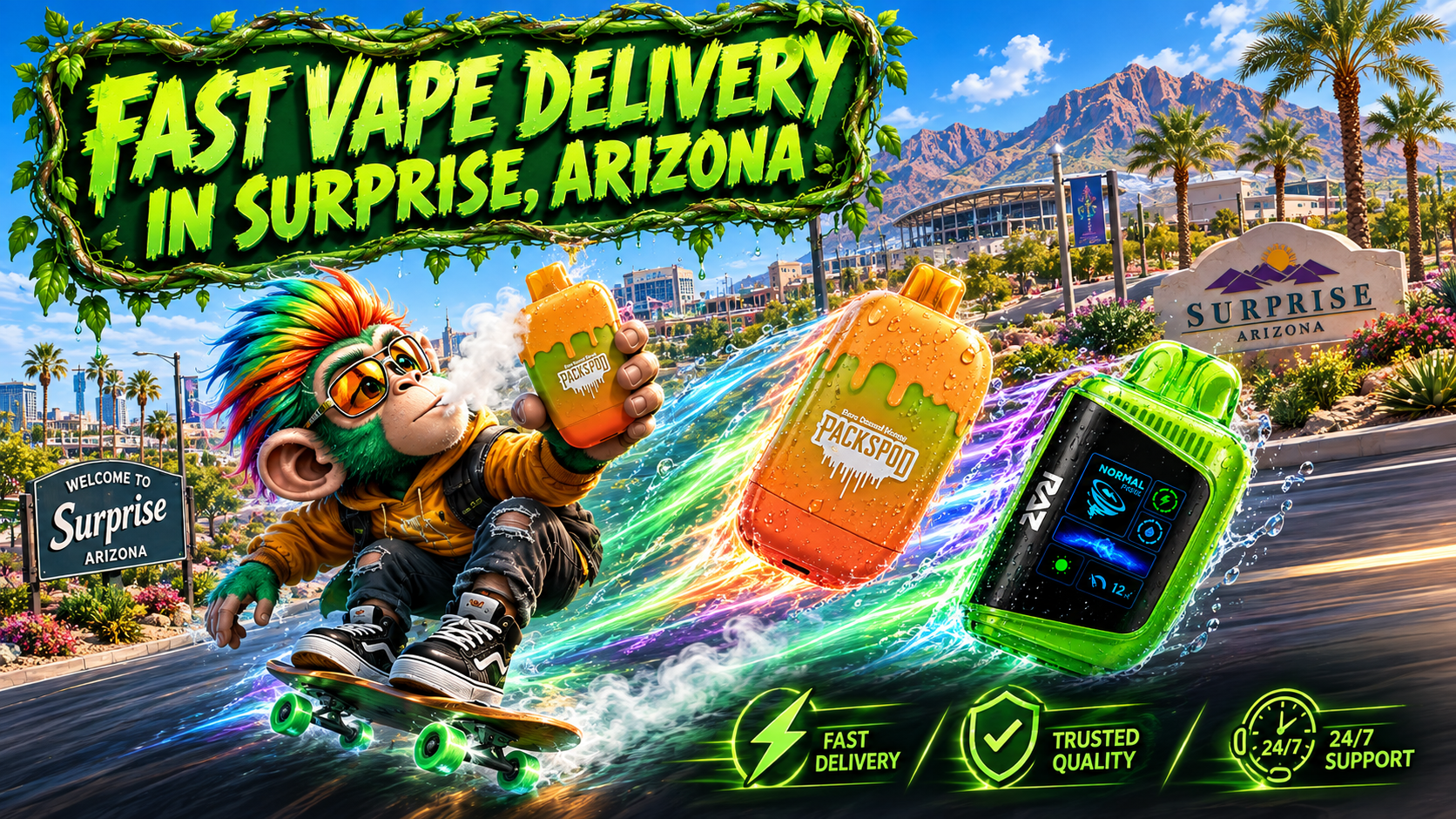 Colorful disposable vape devices with a fast delivery theme and a vibrant Surprise, Arizona city backdrop.