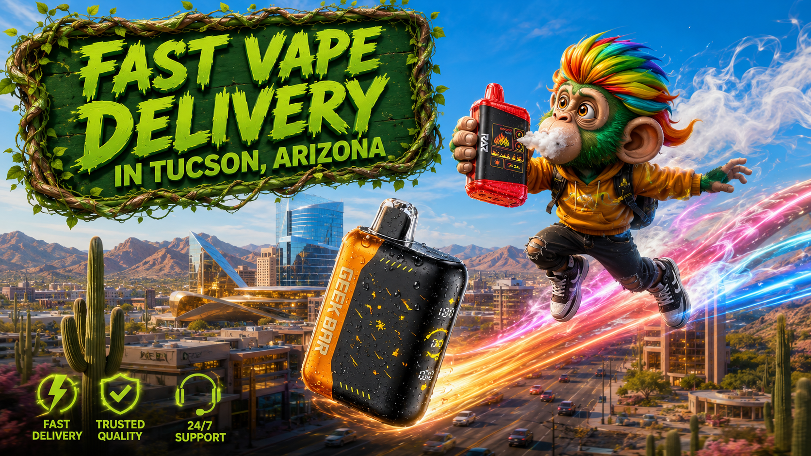 Fast Vape Delivery in Tucson, Arizona with Disposable Vape Devices Modern disposable vape devices with a fast delivery theme and a colorful Tucson, Arizona skyline backdrop.