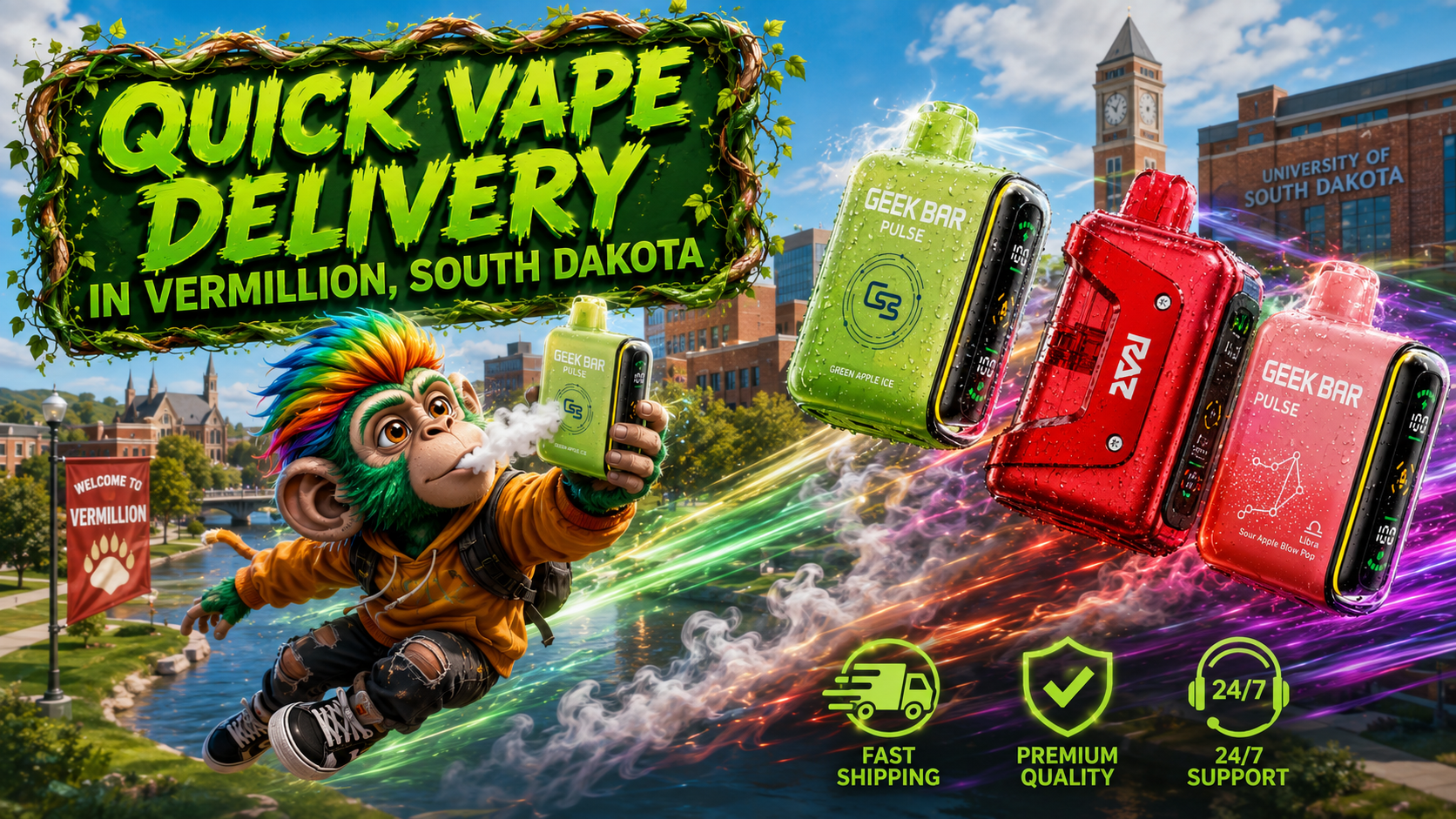 Quick Vape Delivery in Vermillion, South Dakota A colorful promotional banner featuring Geek Bar and RAZ disposable vapes flying through Vermillion, South Dakota, with vibrant energy trails and water droplets. A playful monkey character holds a vape in front of the University of South Dakota campus, while service icons highlight fast shipping, premium quality, and 24/7 support.