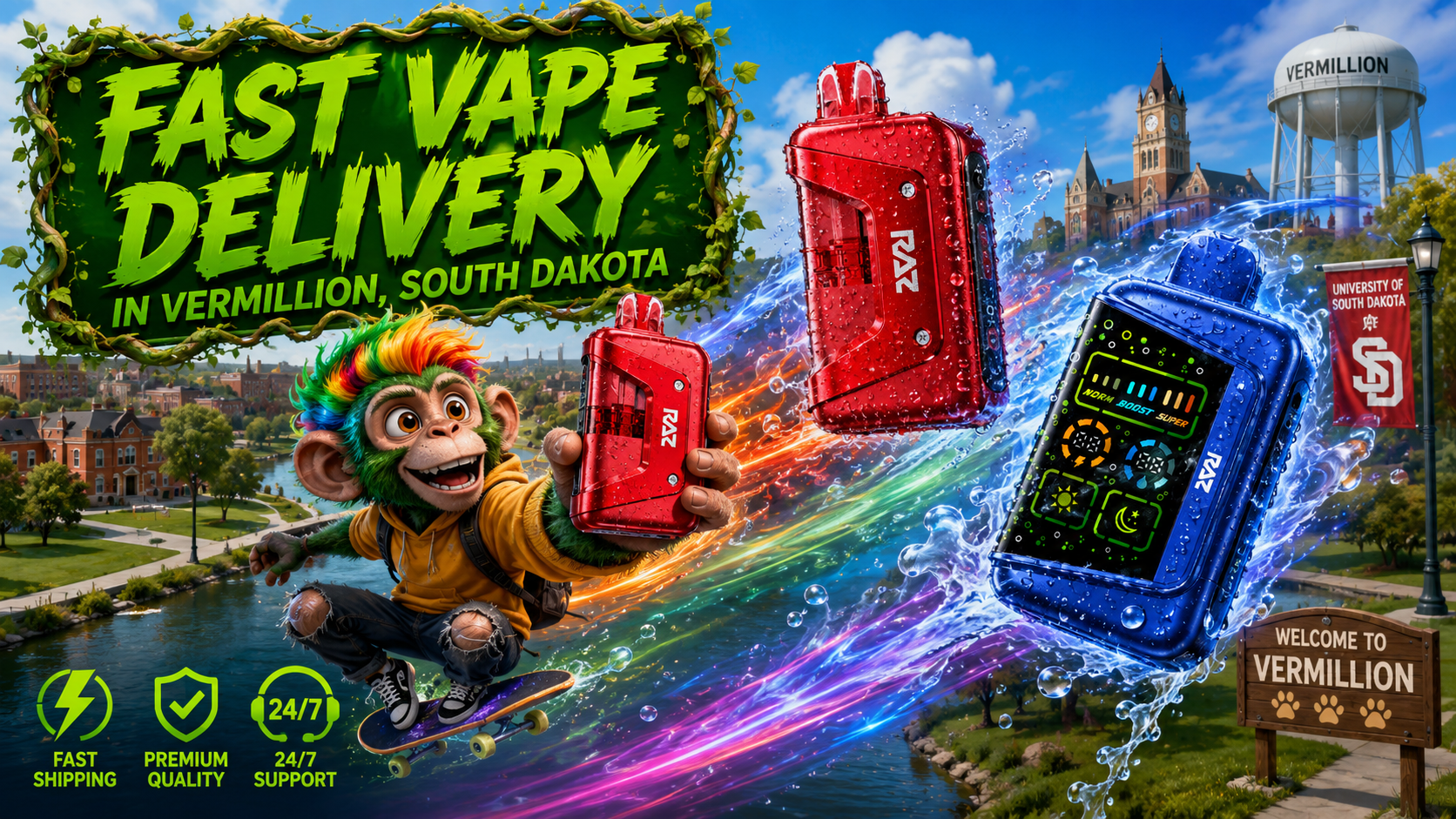 Fast Vape Delivery in Vermillion, South Dakota A vibrant promotional banner showcasing RAZ disposable vapes racing through Vermillion, South Dakota, surrounded by colorful energy trails, splashing water, and sparkling droplets. A cheerful monkey rides a skateboard while holding a RAZ vape, with the University of South Dakota campus, the Vermillion water tower, and local landmarks in the background, highlighting fast shipping, premium quality, and 24/7 customer support.