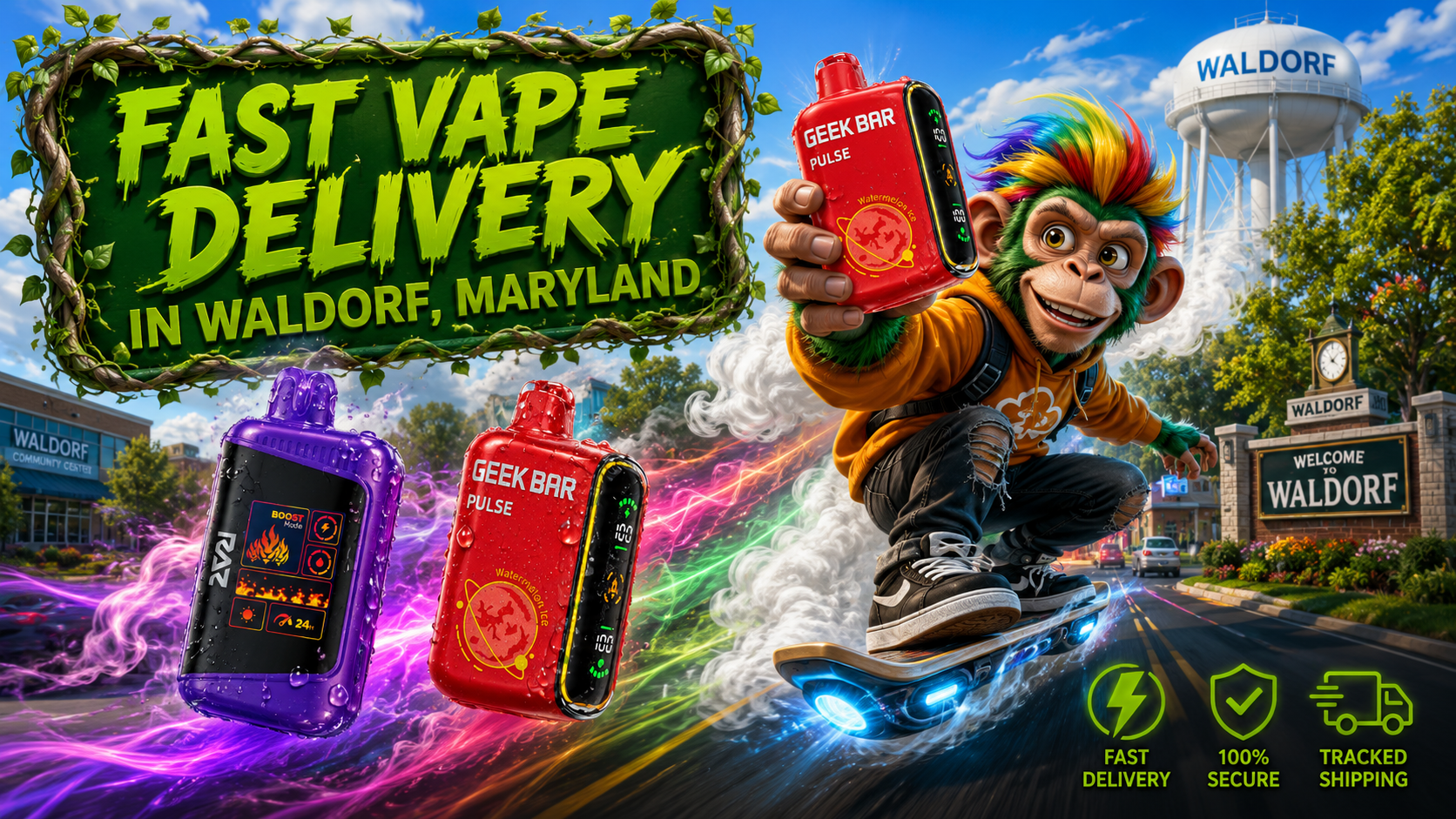 A colorful promotional banner showcasing fast vape delivery in Waldorf, Maryland, with premium disposable vape devices surrounded by vibrant energy trails and water droplets. A cheerful mascot rides a futuristic hoverboard while holding a Geek Bar Pulse vape, with the Waldorf water tower and Welcome to Waldorf sign creating a recognizable local setting. Bright service icons emphasize fast delivery, secure shopping, and tracked shipping, highlighting the convenience of ordering from a trusted online vape shop.