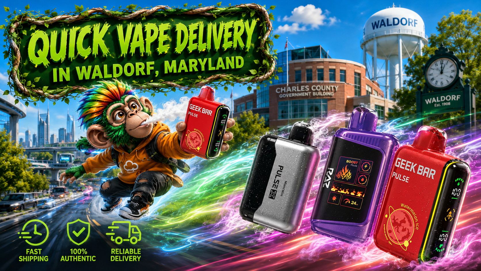 A vibrant promotional banner featuring colorful disposable vape devices racing through Waldorf, Maryland with glowing energy trails, symbolizing quick and reliable vape delivery. A playful mascot holds a Geek Bar Pulse vape while iconic Waldorf landmarks, including the Charles County Government Building and the Waldorf water tower, create a recognizable local backdrop. Bright service icons highlight fast shipping, authentic products, and dependable delivery, emphasizing the convenience of ordering from an online vape shop.
