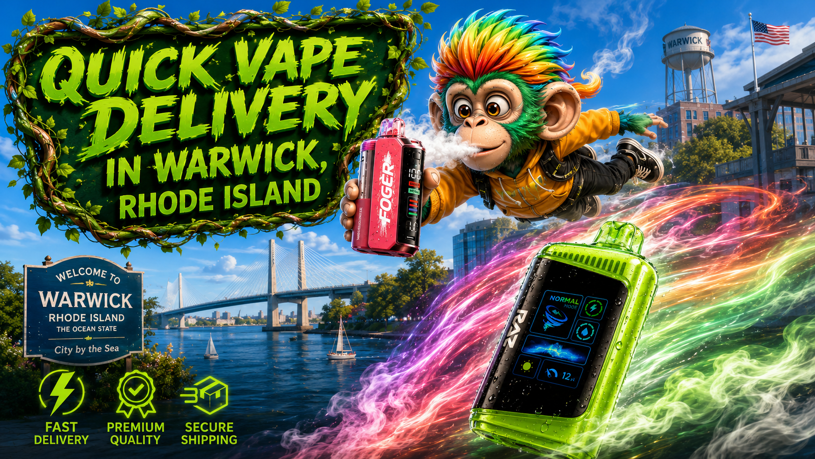 Quick Vape Delivery in Warwick, Rhode Island | Fast Shipping by Vapor Puffs A vibrant promotional banner featuring fast vape delivery in Warwick, Rhode Island. The image showcases colorful disposable vape devices with water droplets, a flying mascot holding a Foger vape, iconic Warwick landmarks, and bold green typography highlighting quick delivery, premium quality, and secure shipping.
