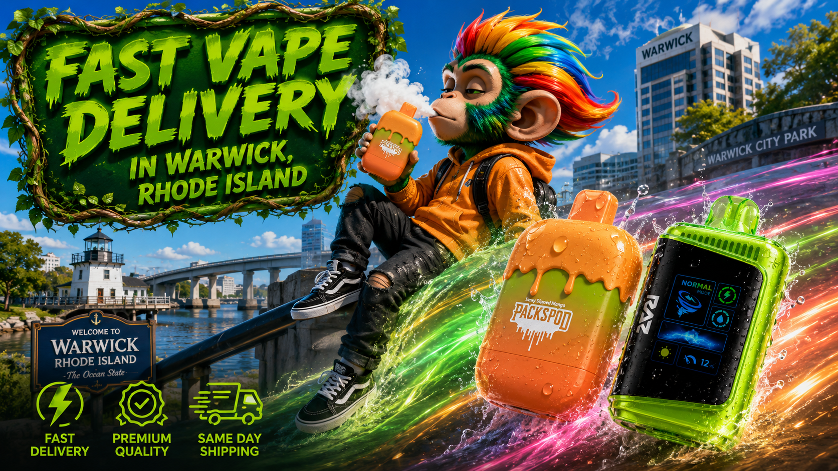 Fast Vape Delivery in Warwick, Rhode Island | Premium Disposable Vapes A colorful promotional banner advertising fast vape delivery in Warwick, Rhode Island, featuring premium disposable vapes with water droplets and vibrant energy trails. A playful mascot holds a Packspod vape while iconic Warwick landmarks create the backdrop, highlighting same-day shipping, premium quality, and reliable delivery from Vapor Puffs.