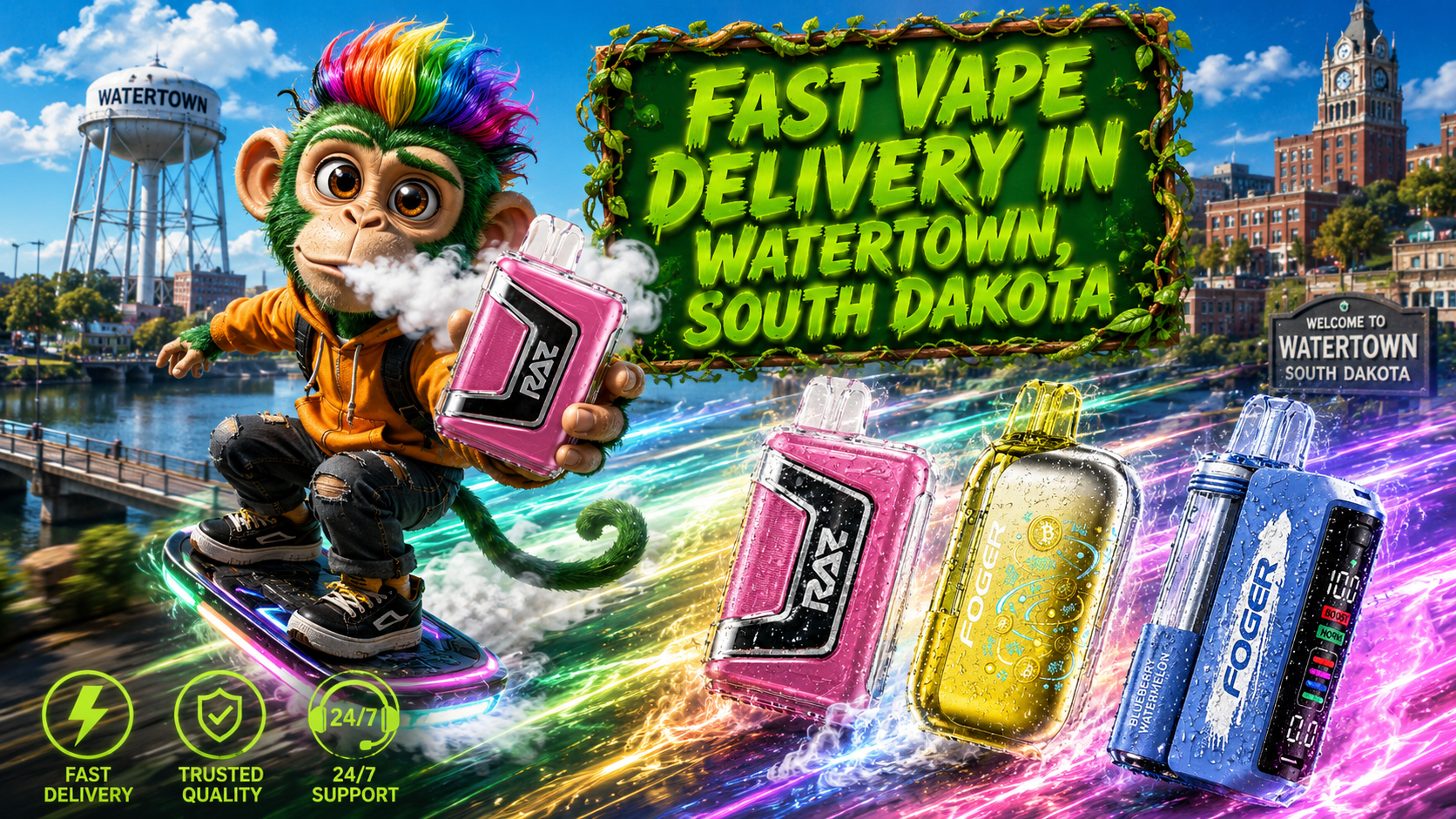 Fast Vape Delivery in Watertown, South Dakota – Premium Disposable Vapes A vibrant promotional banner for Vapor Puffs featuring fast vape delivery in Watertown, South Dakota. A colorful cartoon mascot rides a futuristic hoverboard while holding a pink RAZ disposable vape. Three premium disposable vapes—RAZ, Foger, and another Foger device—appear with realistic water droplets and glowing energy trails. The background showcases recognizable Watertown landmarks, including the iconic Watertown water tower and downtown skyline, alongside a bold green vine-framed sign reading "Fast Vape Delivery in Watertown, South Dakota." The design also highlights fast delivery, trusted quality, and 24/7 support, emphasizing a modern online vape shop with a wide selection and competitive prices.
