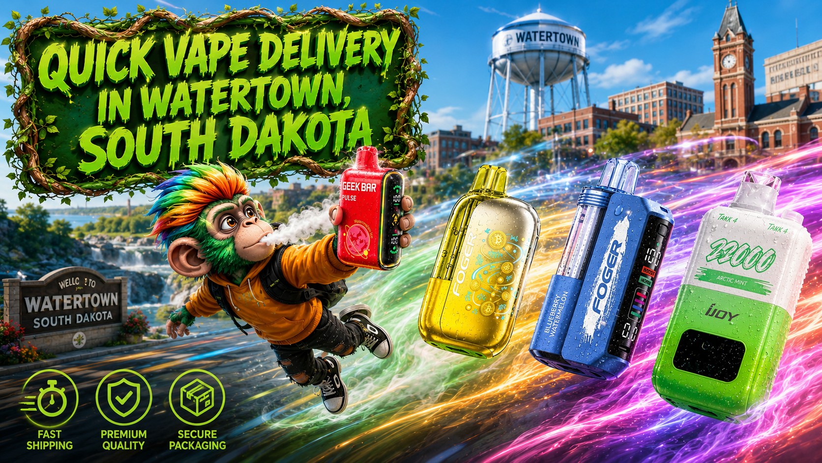 Quick Vape Delivery in Watertown, South Dakota – Disposable Vapes with Fast Shipping A colorful promotional banner advertising quick vape delivery in Watertown, South Dakota. The artwork features a cheerful cartoon mascot flying through the air while holding a red Geek Bar Pulse disposable vape. Four premium disposable vapes—Geek Bar Pulse, two Foger devices, and an iJoy vape—are displayed with sparkling water droplets and vibrant rainbow energy trails. The background showcases recognizable Watertown landmarks, including the iconic Watertown water tower, the Codington County Courthouse, and the Welcome to Watertown sign. A bold green vine-framed headline reads "Quick Vape Delivery in Watertown, South Dakota," while icons highlight fast shipping, premium quality, and secure packaging, promoting a trusted online vape shop with low prices and a wide selection.
