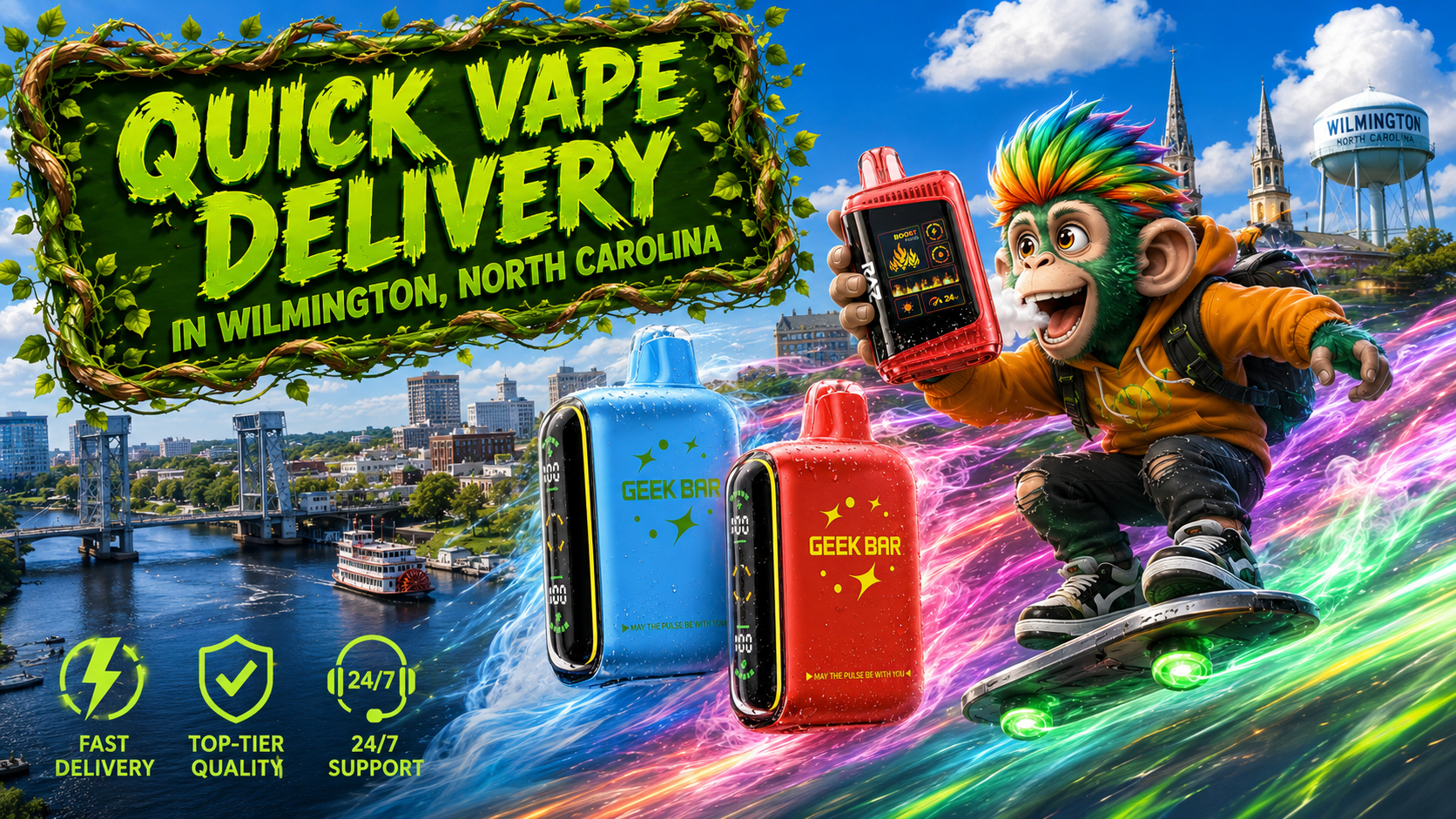 Quick Vape Delivery in Wilmington, North Carolina A vibrant promotional banner for quick vape delivery in Wilmington, North Carolina, featuring colorful Geek Bar disposable vapes with water droplets, an energetic cartoon monkey riding a futuristic hoverboard, and recognizable Wilmington scenery in the background. The image also highlights fast delivery, top-tier quality, and 24/7 support with bright service icons.