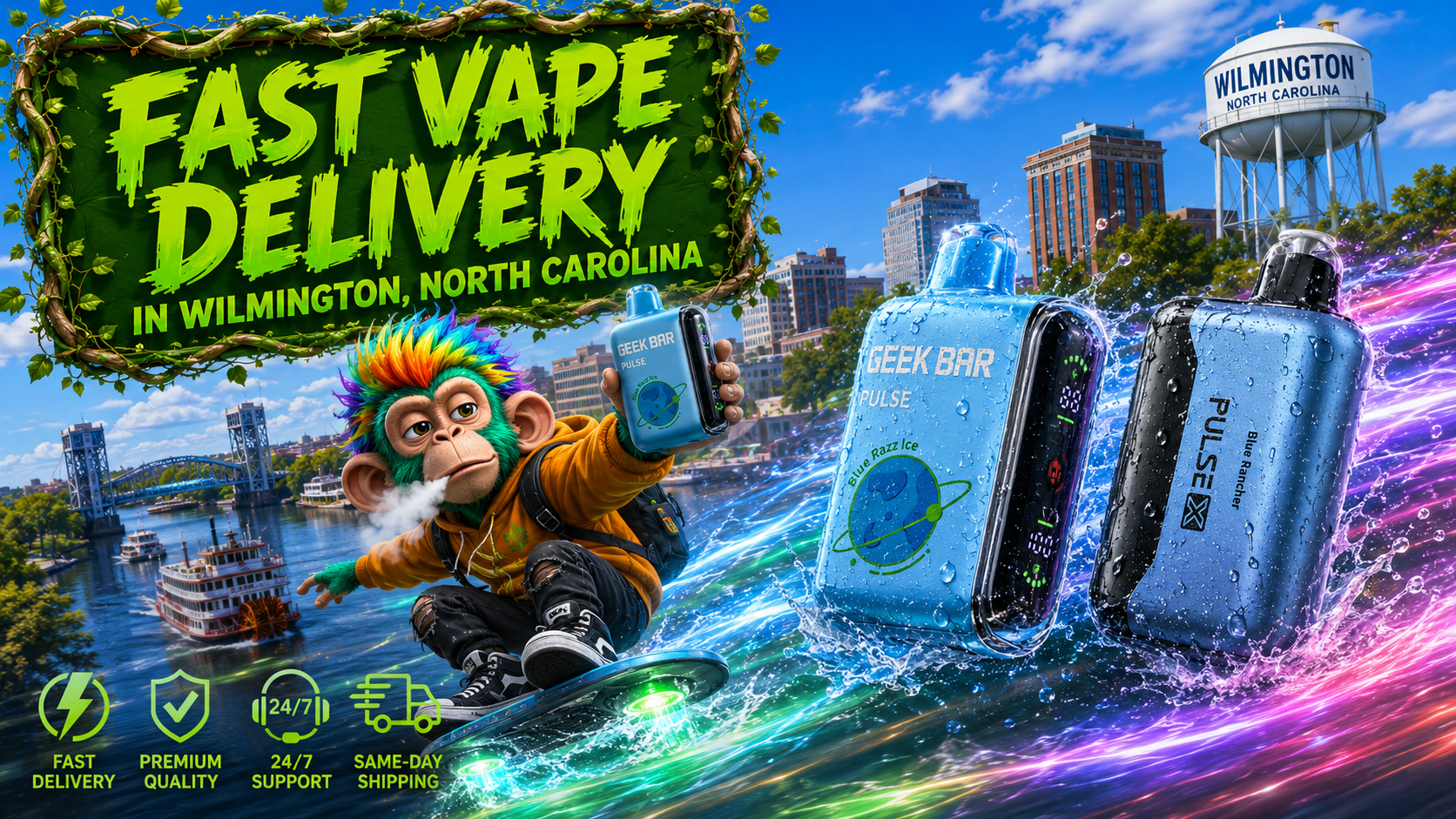 Fast Vape Delivery in Wilmington, North Carolina A dynamic promotional banner showcasing fast vape delivery in Wilmington, North Carolina, featuring Geek Bar Pulse disposable vapes with realistic water droplets, a colorful cartoon monkey riding a futuristic hoverboard while holding a vape device, and iconic Wilmington landmarks in the background. Bright energy trails, splashing water effects, and service icons emphasizing fast delivery, premium quality, 24/7 support, and same-day shipping create a vibrant and eye-catching advertisement.