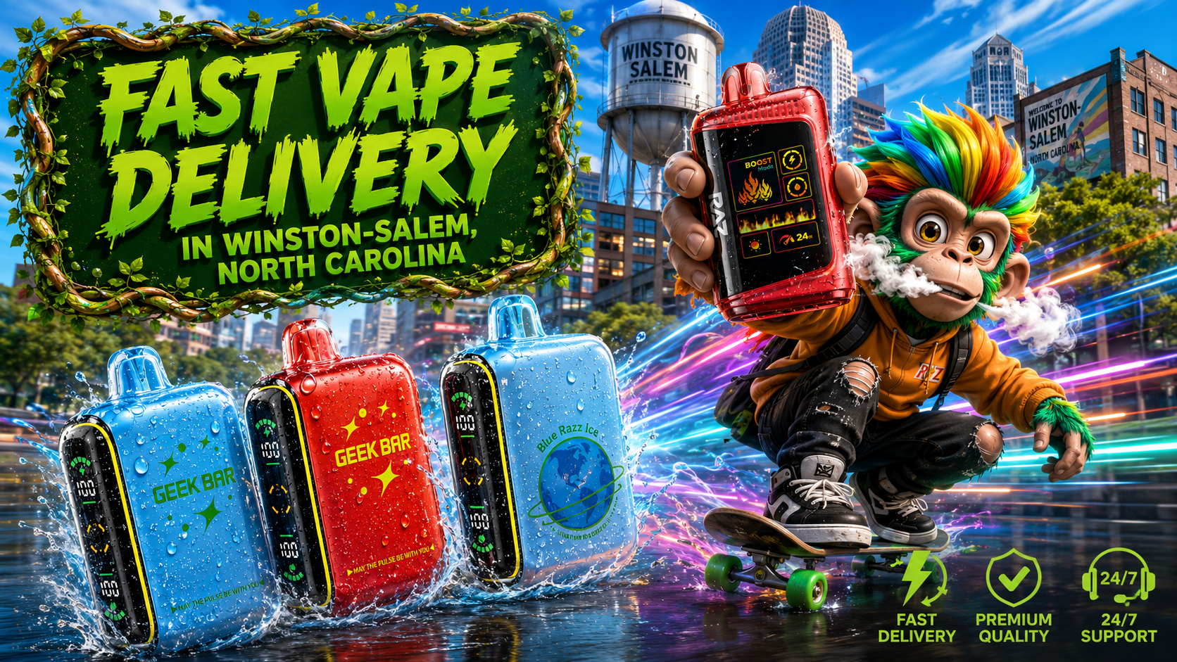 Fast Vape Delivery in Winston-Salem, North Carolina A vibrant promotional banner for vape delivery in Winston-Salem, North Carolina, featuring colorful disposable Geek Bar and RAZ vape devices covered in water droplets. A cartoon monkey with rainbow-colored hair rides a skateboard through a futuristic daytime city scene, holding a red vape device, while neon speed trails emphasize fast service. The design includes a green vine-framed headline and service icons representing fast delivery, premium quality, and 24/7 support.