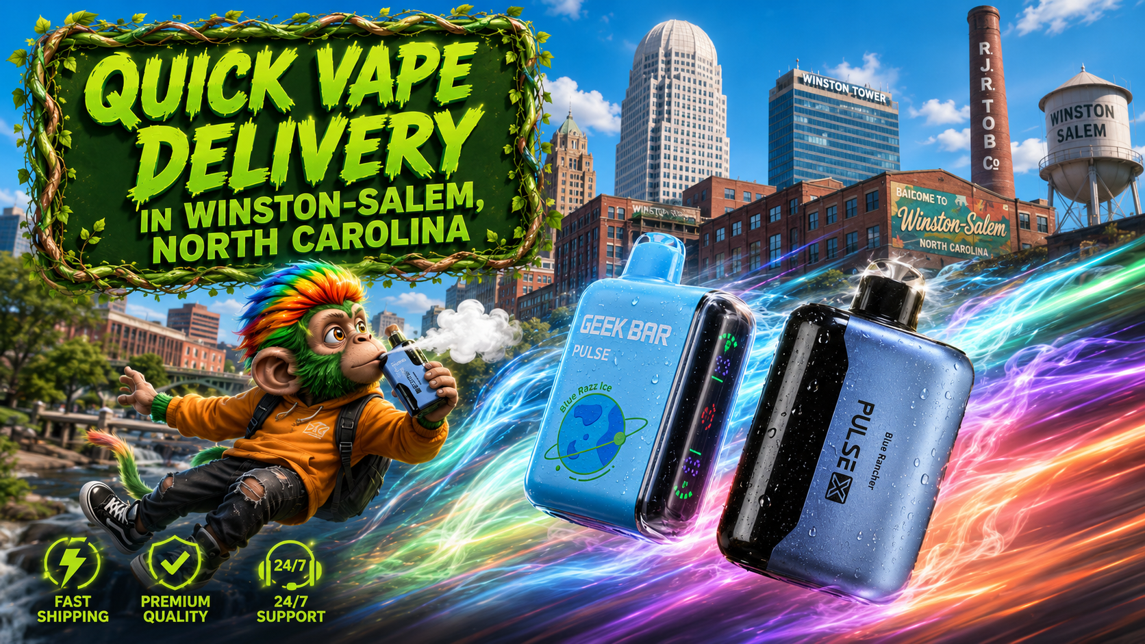 Quick Vape Delivery in Winston-Salem, North Carolina A colorful promotional banner advertising quick vape delivery in Winston-Salem, North Carolina. The image features two blue Geek Bar disposable vape devices with water droplets flying through the city, leaving vibrant multicolored energy trails behind them. A playful rainbow-haired monkey character enjoys a vape while floating through the scene, with recognizable Winston-Salem landmarks in the background. The design is completed with a green vine-framed headline and service icons highlighting fast shipping, premium quality, and 24/7 customer support.