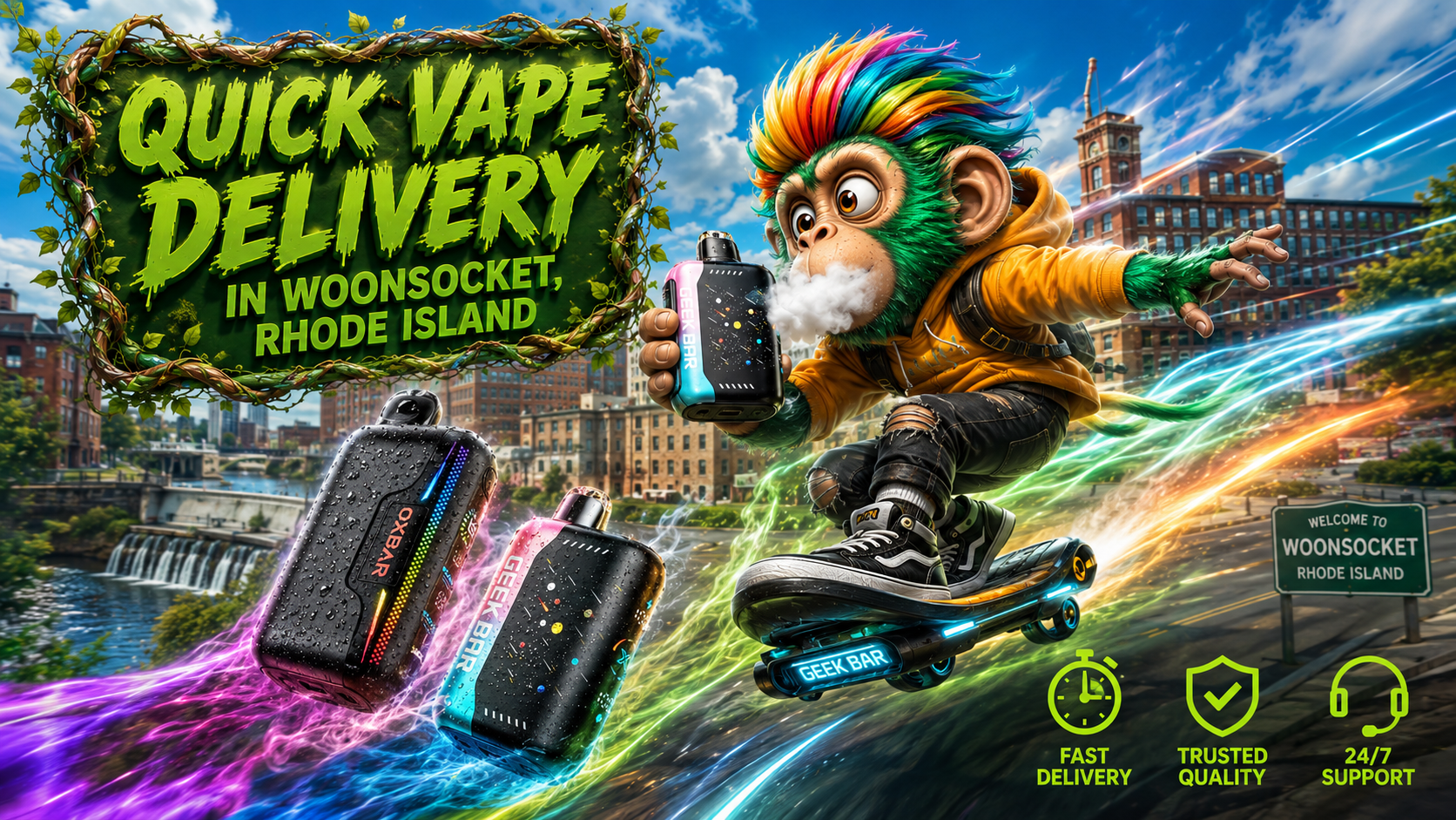 Quick Vape Delivery in Woonsocket, Rhode Island A colorful promotional banner for vape delivery in Woonsocket, Rhode Island, featuring a cartoon monkey riding a futuristic hoverboard through a bright daytime cityscape. The character holds a Geek Bar disposable vape while several water-covered devices fly beside him with vivid energy trails. A large green vine-framed sign reads “Quick Vape Delivery in Woonsocket, Rhode Island,” and service icons highlight fast delivery, trusted quality, and 24/7 support.