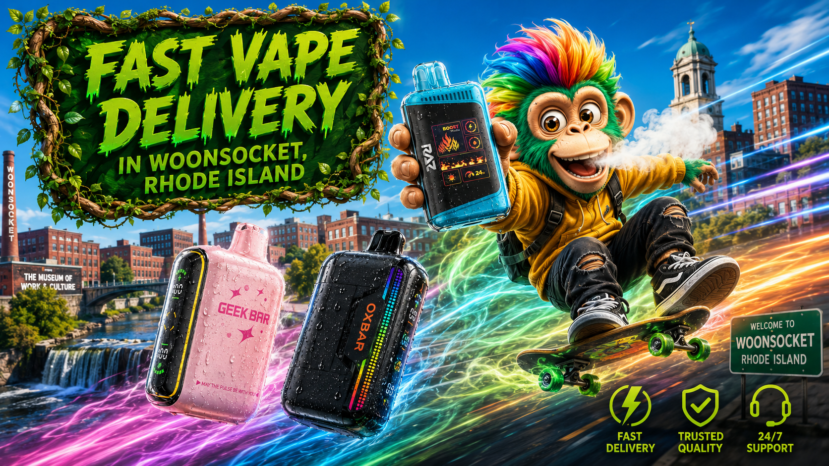 Fast Vape Delivery in Woonsocket, Rhode Island A futuristic promotional banner featuring premium disposable vapes with sparkling water droplets flying through a neon-lit city inspired by Woonsocket, Rhode Island. A smiling delivery character holds a modern vape device while colorful energy trails follow the products through the night skyline. The background includes recognizable local landmarks, glowing streets, and icons representing fast shipping, premium quality, and reliable service. Large green vine-framed lettering reads "Fast Vape Delivery in Woonsocket, Rhode Island," highlighting the convenience of ordering authentic disposable vapes online with same-day shipping and delivery within 1–5 business days.