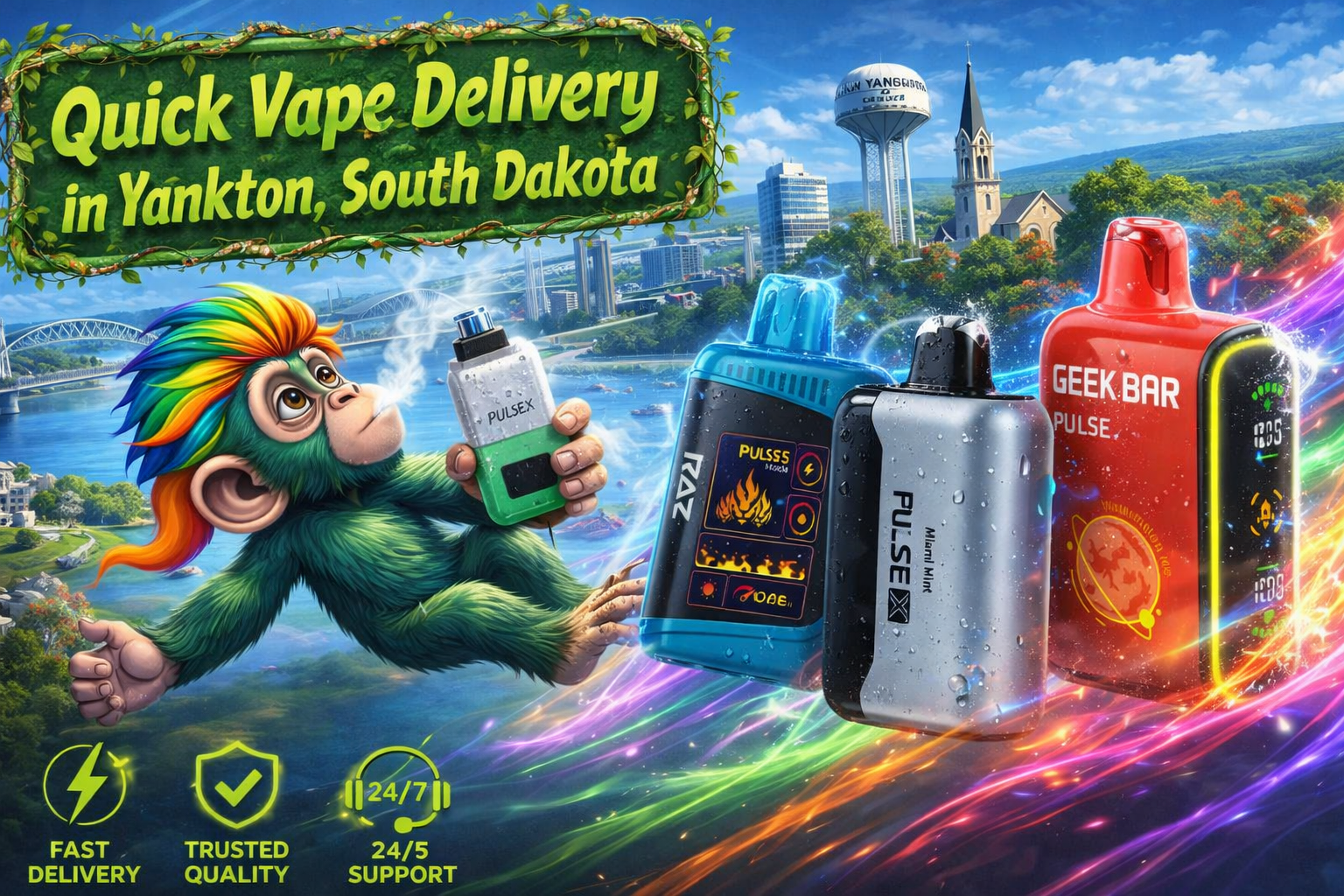 Quick Vape Delivery in Yankton, South Dakota | Premium Disposable Vapes A vibrant promotional banner for Vapor Puffs featuring quick vape delivery in Yankton, South Dakota. The image showcases several premium disposable vapes with realistic water droplets, including colorful Geek Bar-style devices, flying through a futuristic cityscape with glowing trails of energy. A cheerful green mascot holds a vape device while iconic Yankton landmarks, including the Missouri River, the Yankton water tower, and a historic church, appear in the background. The design also highlights fast delivery, trusted quality, and customer support, emphasizing a wide selection of disposable vapes at competitive prices.