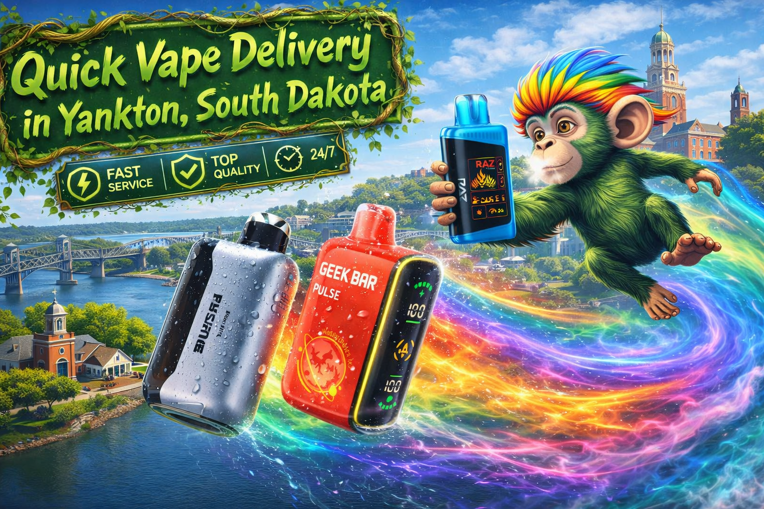 Quick Vape Delivery in Yankton, South Dakota | Fast Shipping on Disposable Vapes A colorful promotional illustration for Vapor Puffs featuring quick vape delivery in Yankton, South Dakota. Three premium disposable vape devices with realistic water droplets fly above the Missouri River, leaving vibrant rainbow energy trails behind them. A cheerful mascot with rainbow-colored hair holds a blue RAZ disposable vape while soaring across the city skyline. Recognizable Yankton landmarks, including the Meridian Bridge, historic churches, and downtown architecture, create a scenic background. The banner highlights fast service, top quality, and 24/7 support, promoting a wide selection of authentic disposable vapes with same-day shipping and delivery in 1–5 business days.