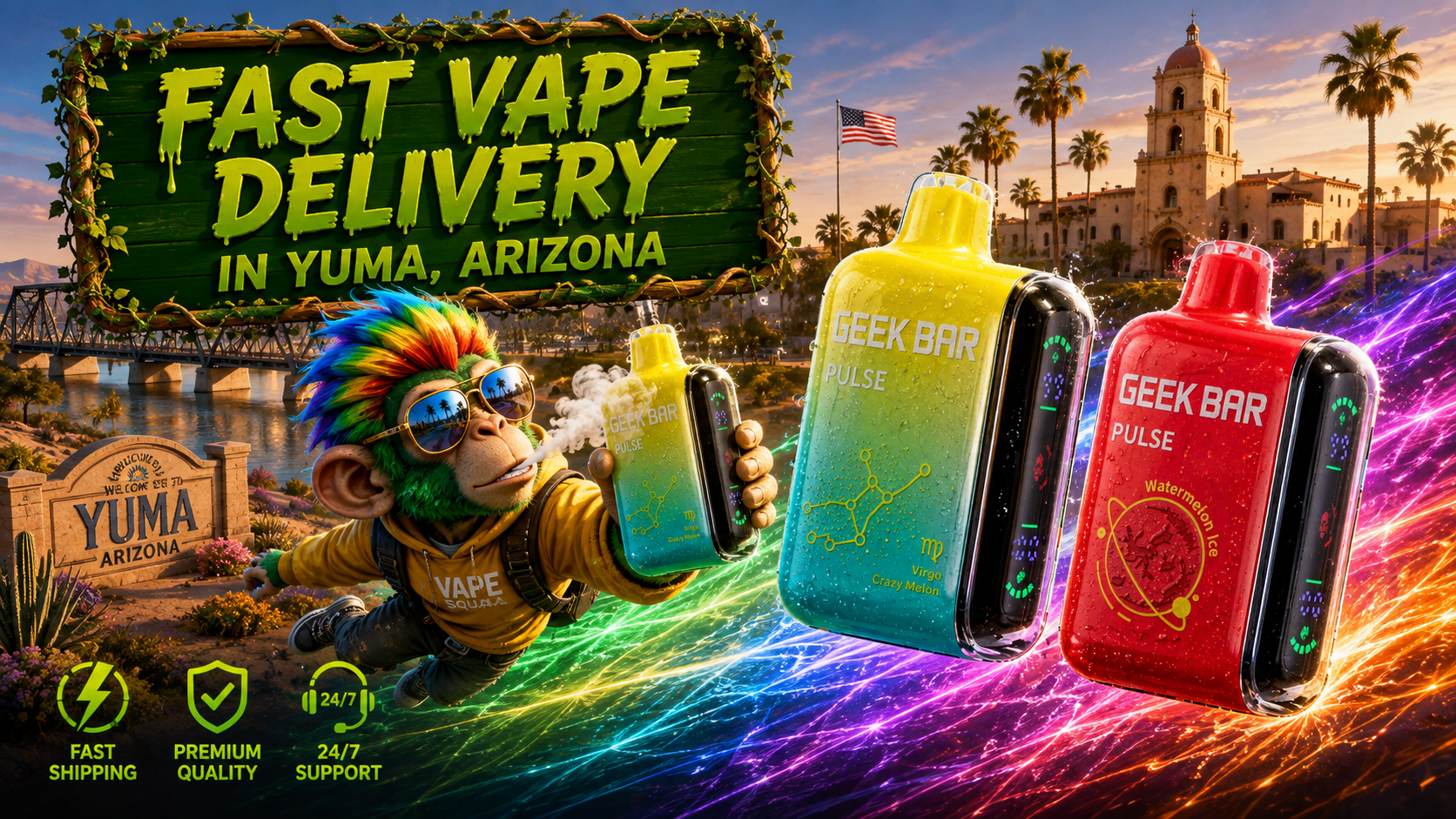 Disposable Vape Collection in Yuma, Arizona Colorful disposable vape devices featured in a vibrant Yuma, Arizona cityscape with dynamic energy trails and premium styling.