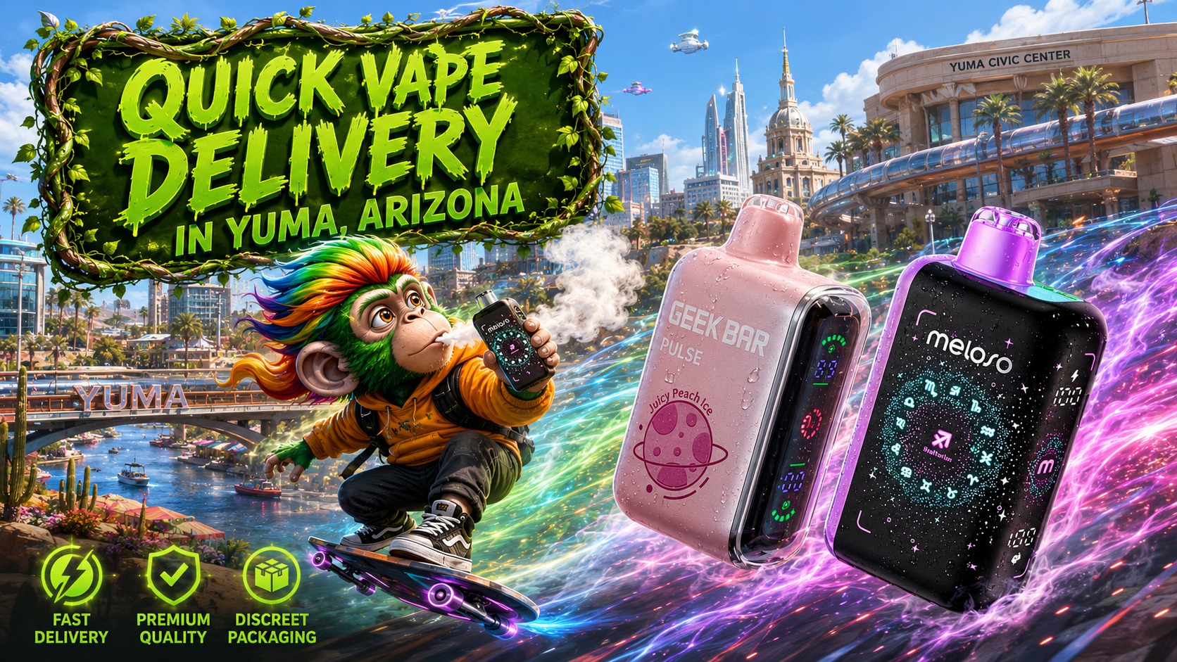 Premium Disposable Vapes in Yuma, Arizona Disposable vape devices showcased in a vibrant Yuma, Arizona scene with colorful motion trails and city landmarks.