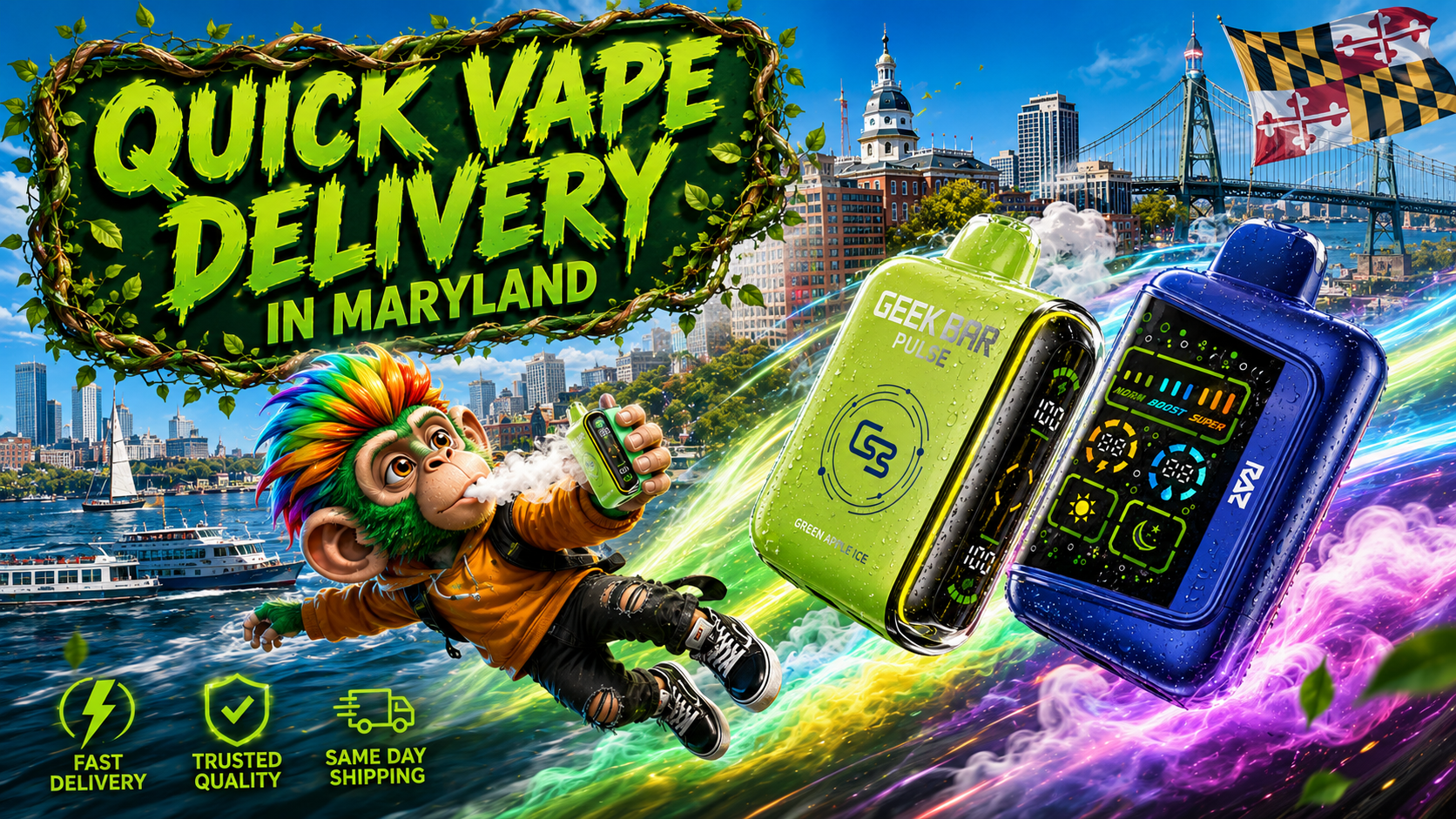 Quick Vape Delivery in Maryland | Fast Shipping & Premium Disposable Vapes A vibrant promotional banner featuring Geek Bar Pulse and RAZ disposable vapes flying across the Maryland skyline with colorful energy trails. A stylized monkey character holds a vape while iconic Maryland landmarks, the state flag, and service icons highlight fast delivery, trusted quality, and same-day shipping for customers across Maryland.