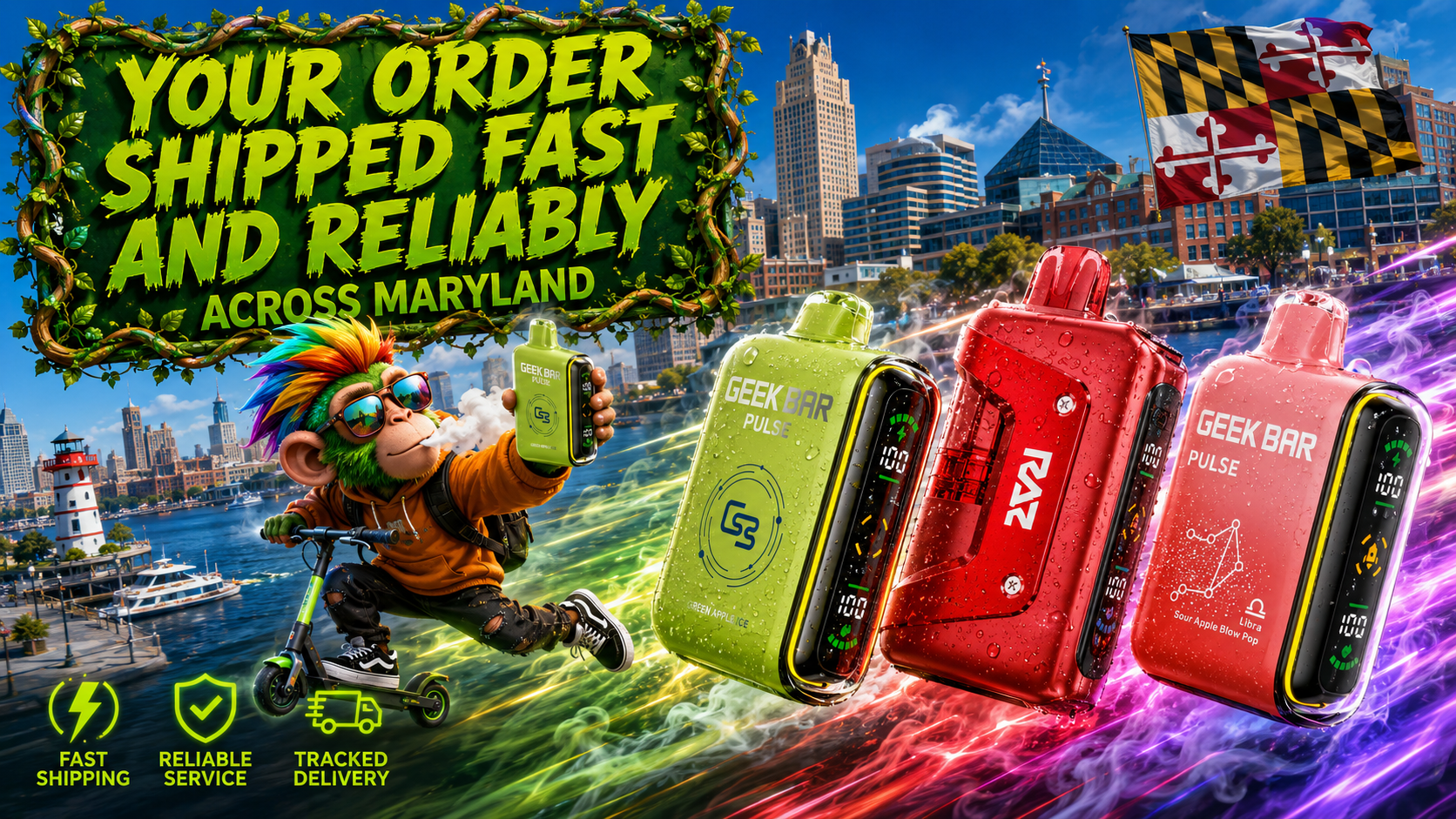 Your Vape Order Shipped Fast Across Maryland | Fast Vape Delivery A colorful promotional banner showcasing Geek Bar Pulse and RAZ disposable vapes with water droplets, racing across the Maryland waterfront surrounded by vibrant smoke effects. A playful monkey riding an electric scooter holds a vape while the Maryland flag, city skyline, and shipping icons emphasize reliable vape delivery, fast shipping, and tracked delivery throughout Maryland.
