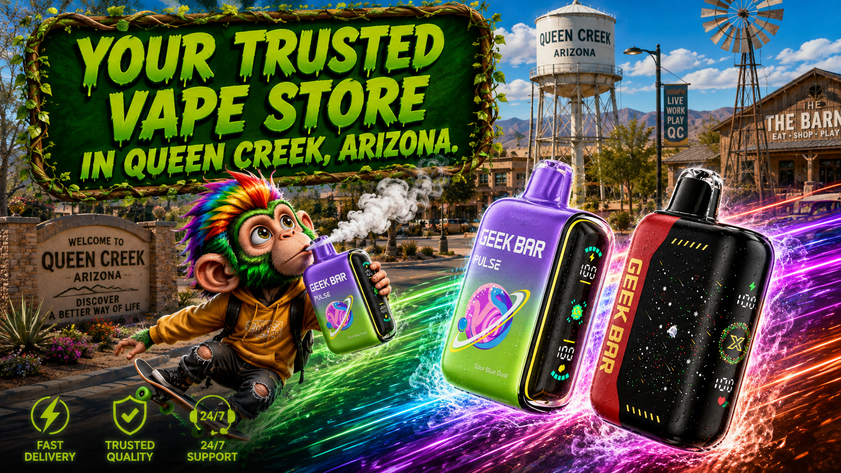 Premium Disposable Vapes in Queen Creek, Arizona Disposable vape devices in a colorful Queen Creek, Arizona delivery-themed scene with dynamic motion effects.