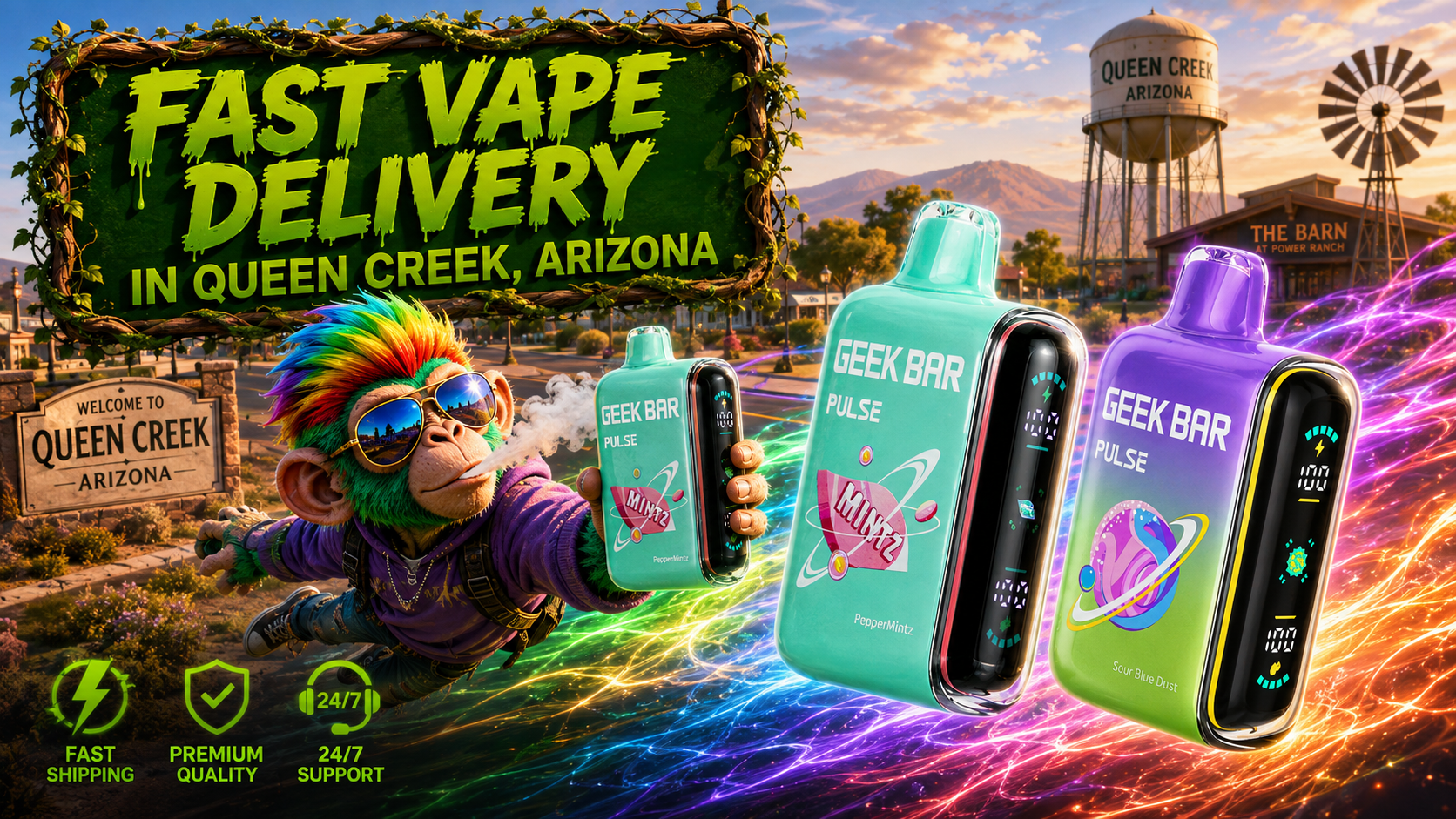 Disposable Vape Collection in Queen Creek, Arizona Colorful disposable vape devices featured in a Queen Creek, Arizona scene with vivid motion trails and local landmarks.