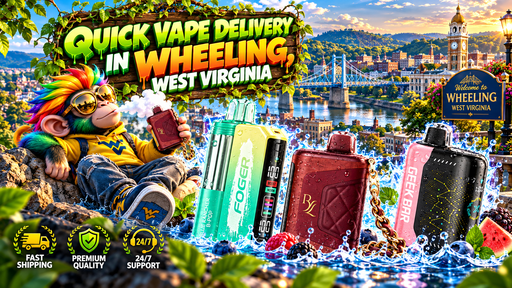 Vape Devices with Water Effects in Wheeling, WV Water-covered vape devices displayed against a bright scenic view of Wheeling, West Virginia.