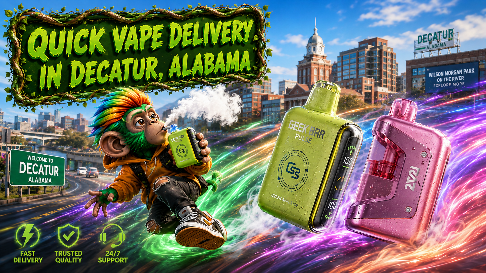 Colorful Rechargeable Devices with Fast Delivery Two colorful rechargeable devices with vibrant light trails and a Decatur city backdrop promoting fast delivery service.