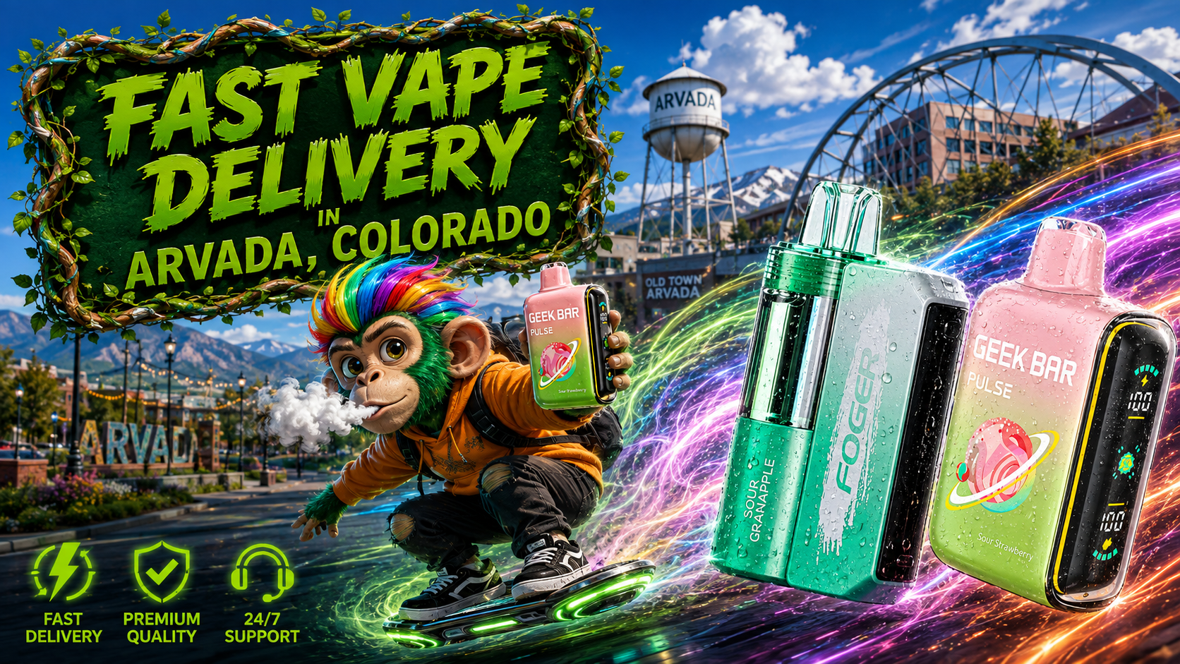 Fast Vape Delivery in Arvada, Colorado with Colorful Devices Colorful vape devices with water droplets, bright energy trails, a cartoon character, and an Arvada city backdrop.