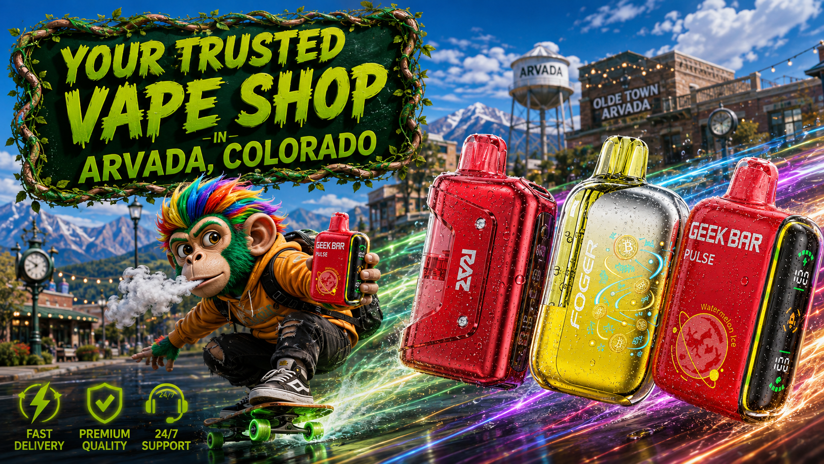 Trusted Vape Shop in Arvada, Colorado with Colorful Devices Bright vape devices with water droplets, colorful energy trails, a cartoon character, and an Arvada city backdrop.