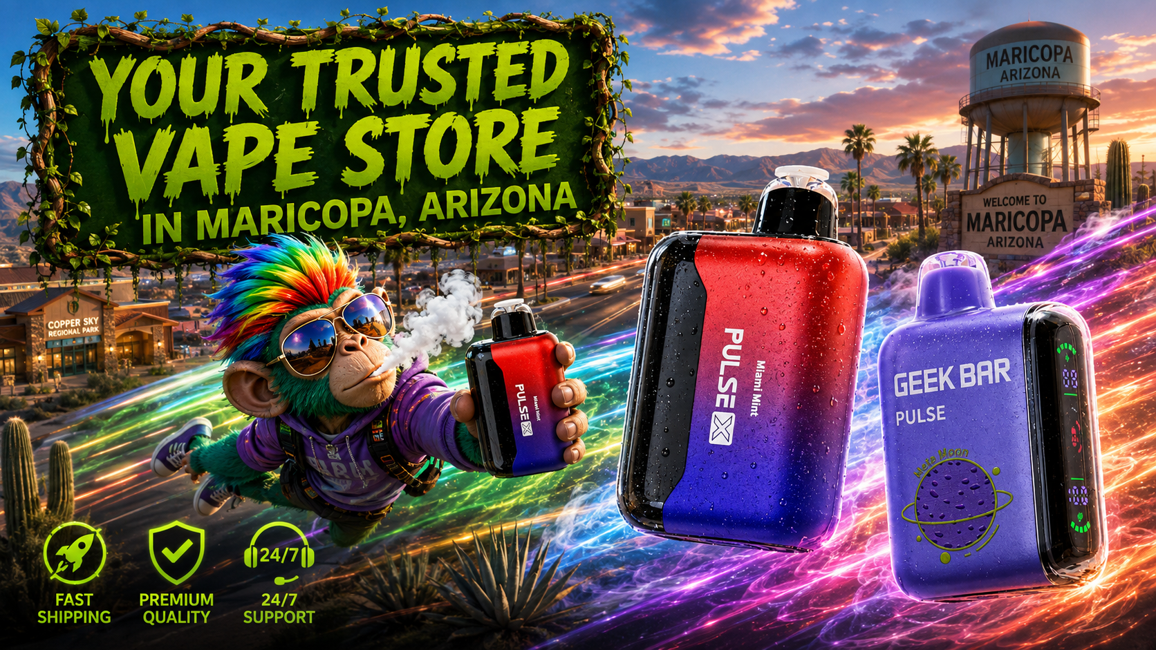 Trusted Disposable Vape Store in Maricopa, Arizona Colorful disposable vape devices with a fast online store theme set against the Maricopa, Arizona skyline.