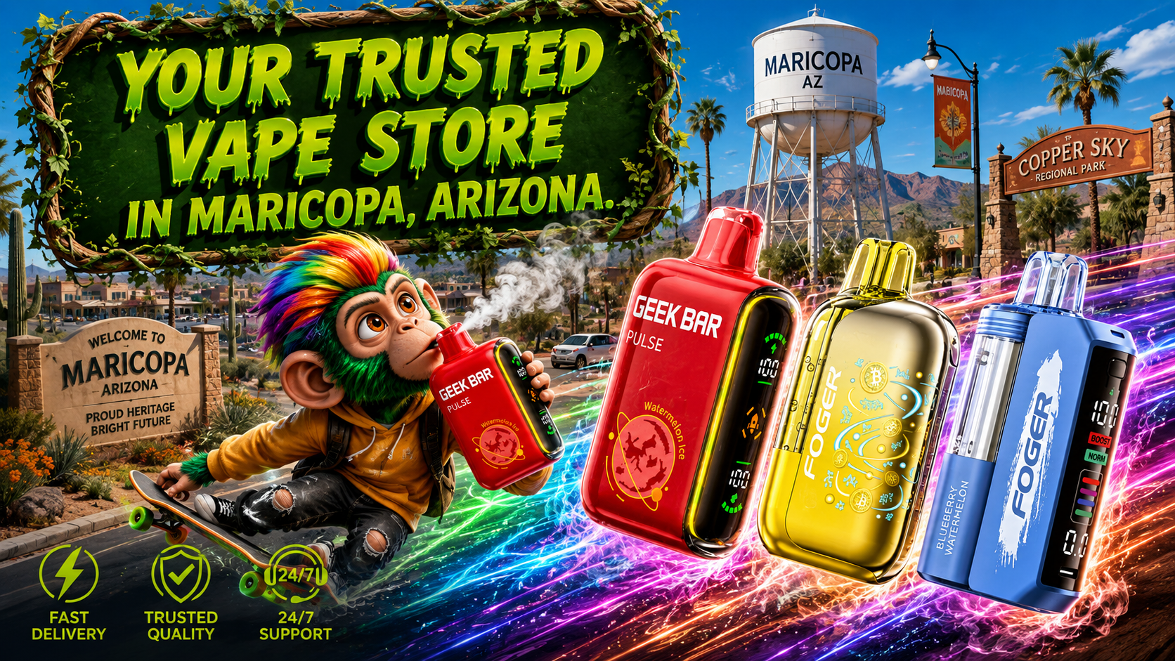 Premium Disposable Vape Selection in Maricopa, Arizona Colorful disposable vape devices featured in a dynamic Maricopa, Arizona delivery-themed promotional scene.