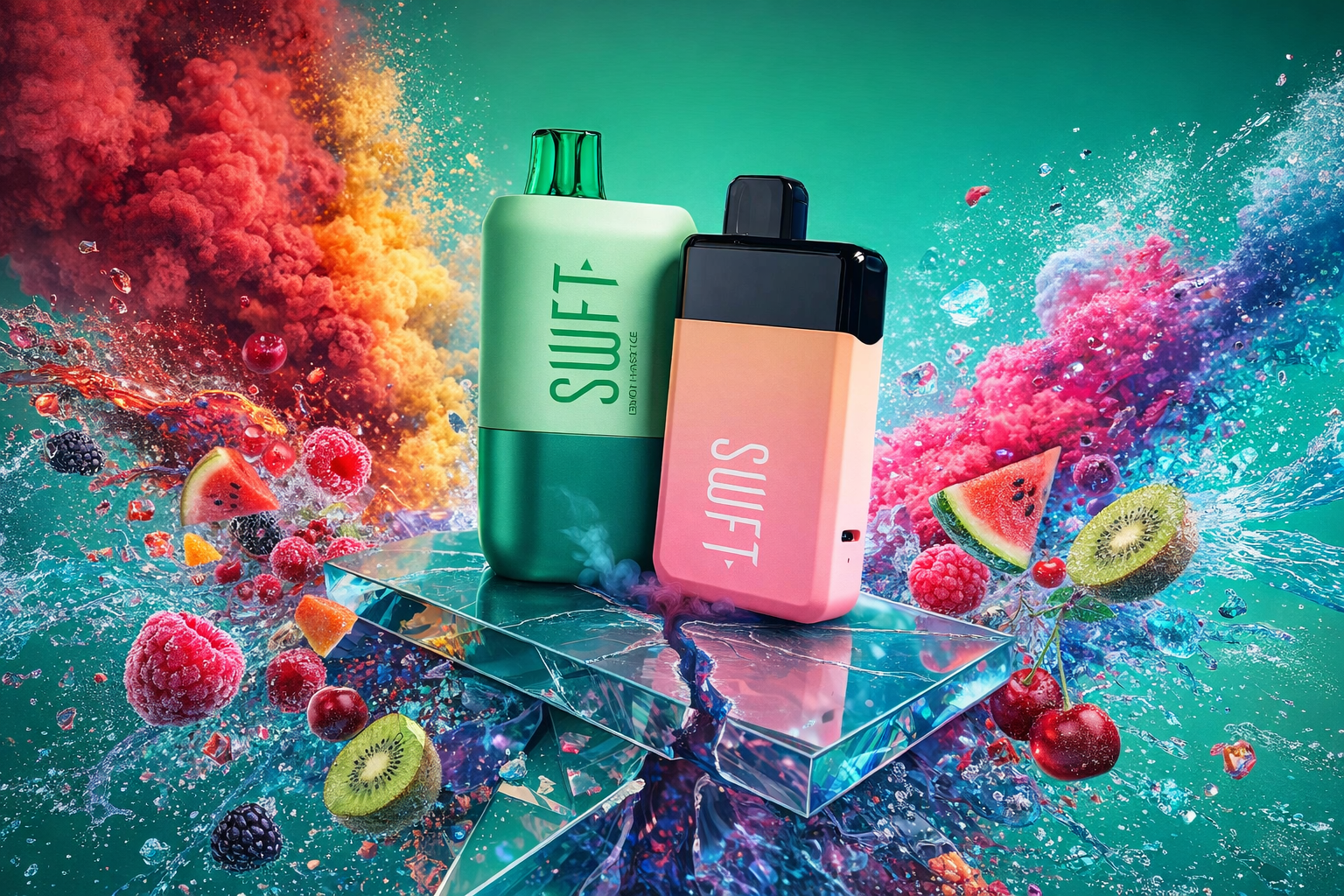 A dynamic, stylized commercial product shot featuring two SWFT brand disposable vape devices (one green and teal, one pink and orange gradient) on a cracked ice-like pedestal. The background is a vibrant teal, with dramatic explosions of red, orange, pink, and blue colored smoke and dynamic water splashes swirling around the devices. Various fresh, ripe fruits like raspberries, watermelons, cherries, kiwi, blackberries, and oranges are suspended in the splashing liquid and smoke, illustrating the device's flavors. The SWFT logo is prominently visible on both devices. The lighting is dramatic and detailed, with a high-key product-focused aesthetic.