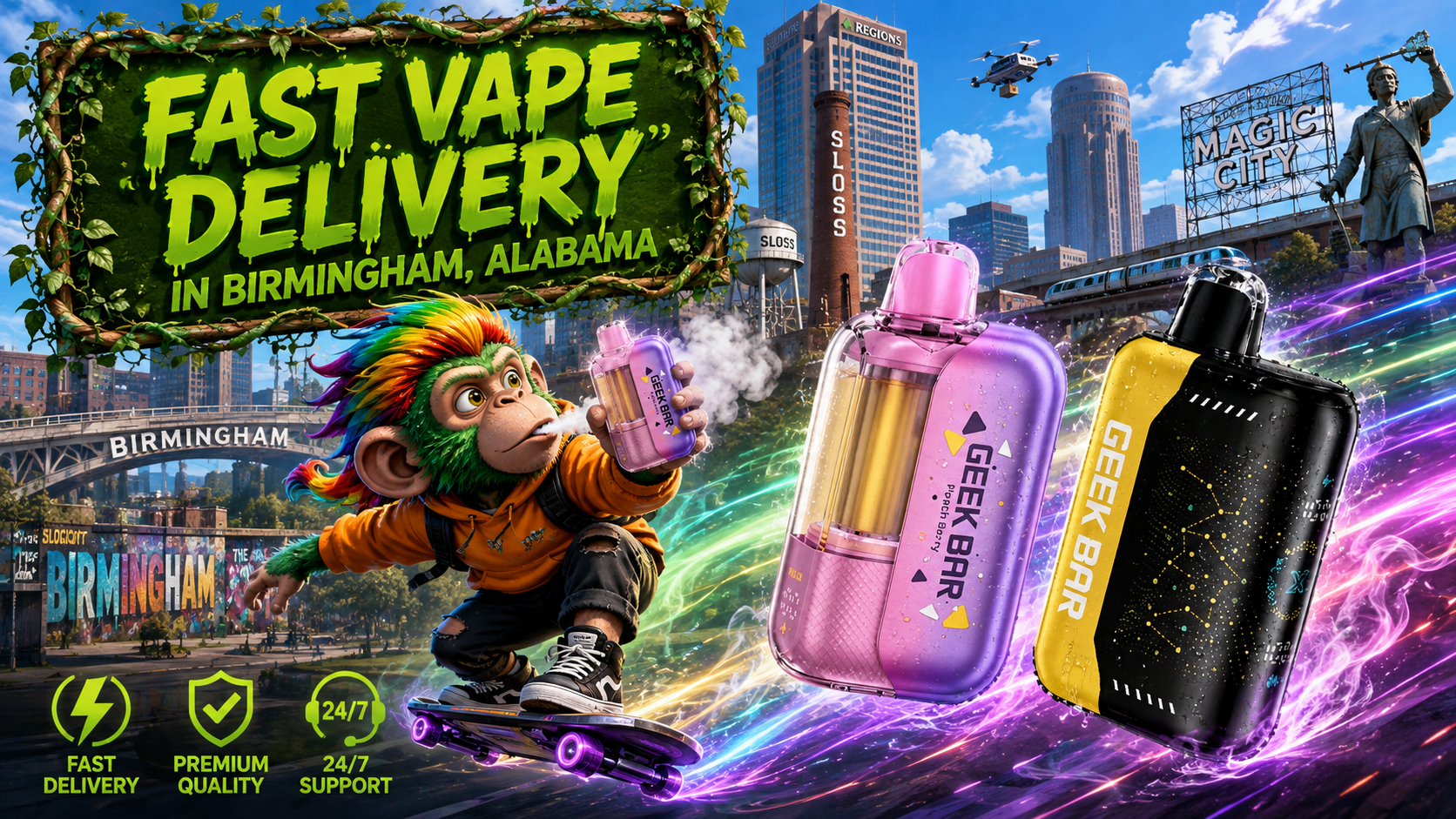 Disposable Vape Collection in Birmingham, Alabama Colorful disposable vape devices with dynamic energy effects against the Birmingham, Alabama skyline and city landmarks.