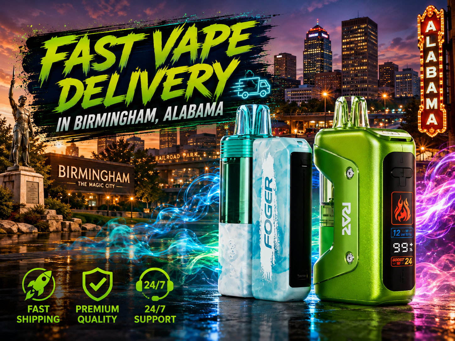Disposable Vape Devices in Birmingham, Alabama Modern disposable vape devices showcased with colorful energy effects against the Birmingham, Alabama skyline at sunset.