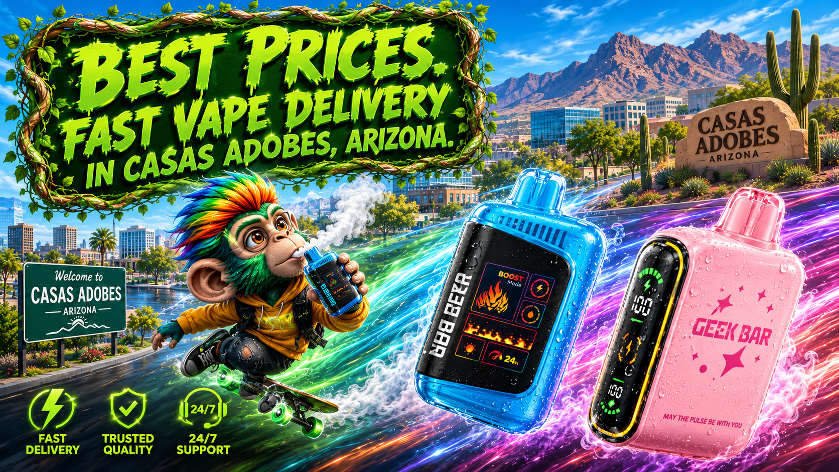 Fast Disposable Vape Delivery in Casas Adobes, Arizona Colorful disposable vape devices with a fast delivery theme in Casas Adobes, Arizona city backdrop.