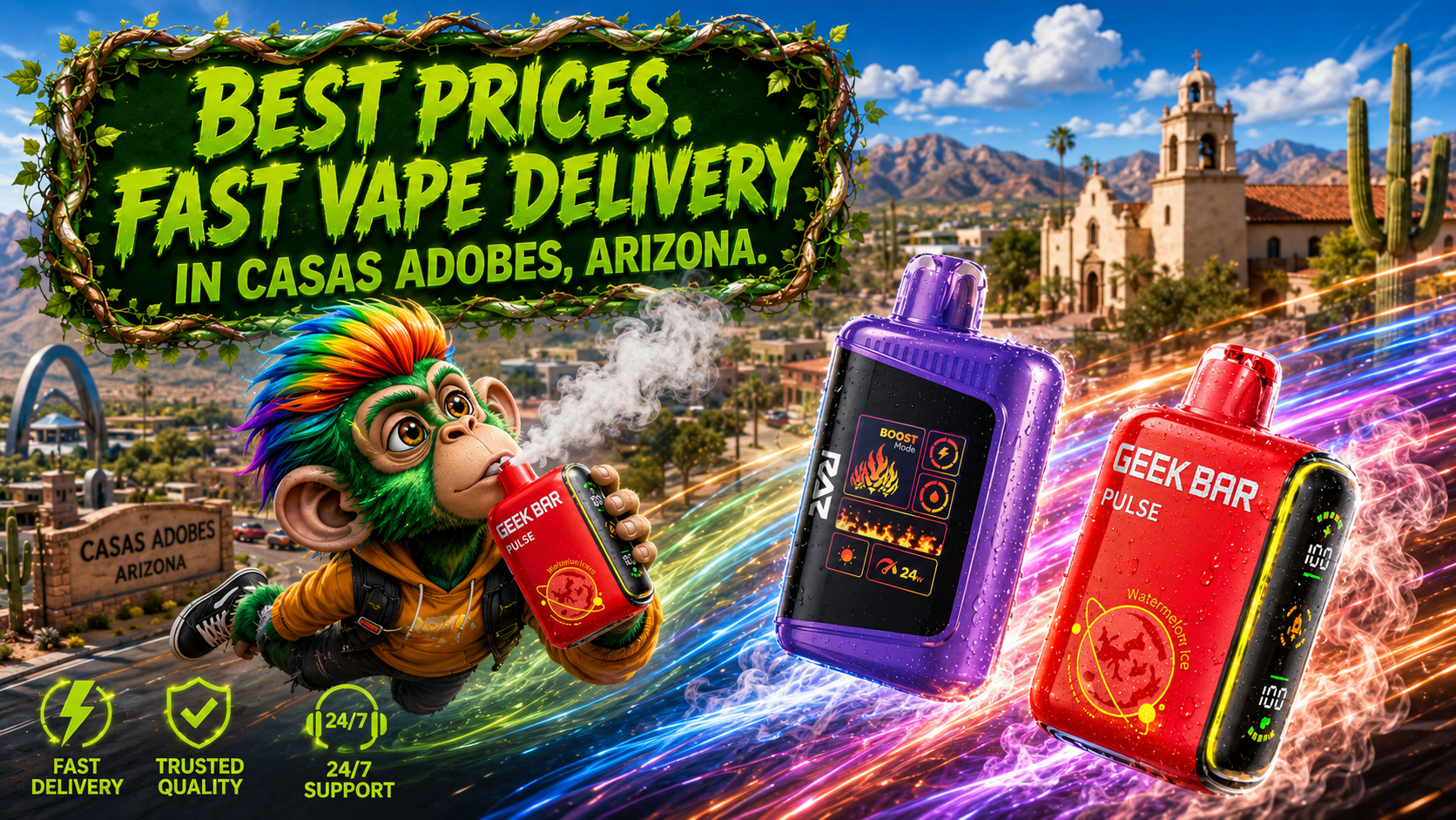 Premium Disposable Vapes in Casas Adobes, Arizona Disposable vape devices with vibrant colors and a fast delivery theme in Casas Adobes, Arizona.